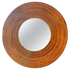 Vintage Italian Round Rattan And Brass Wall Mirror 1980s