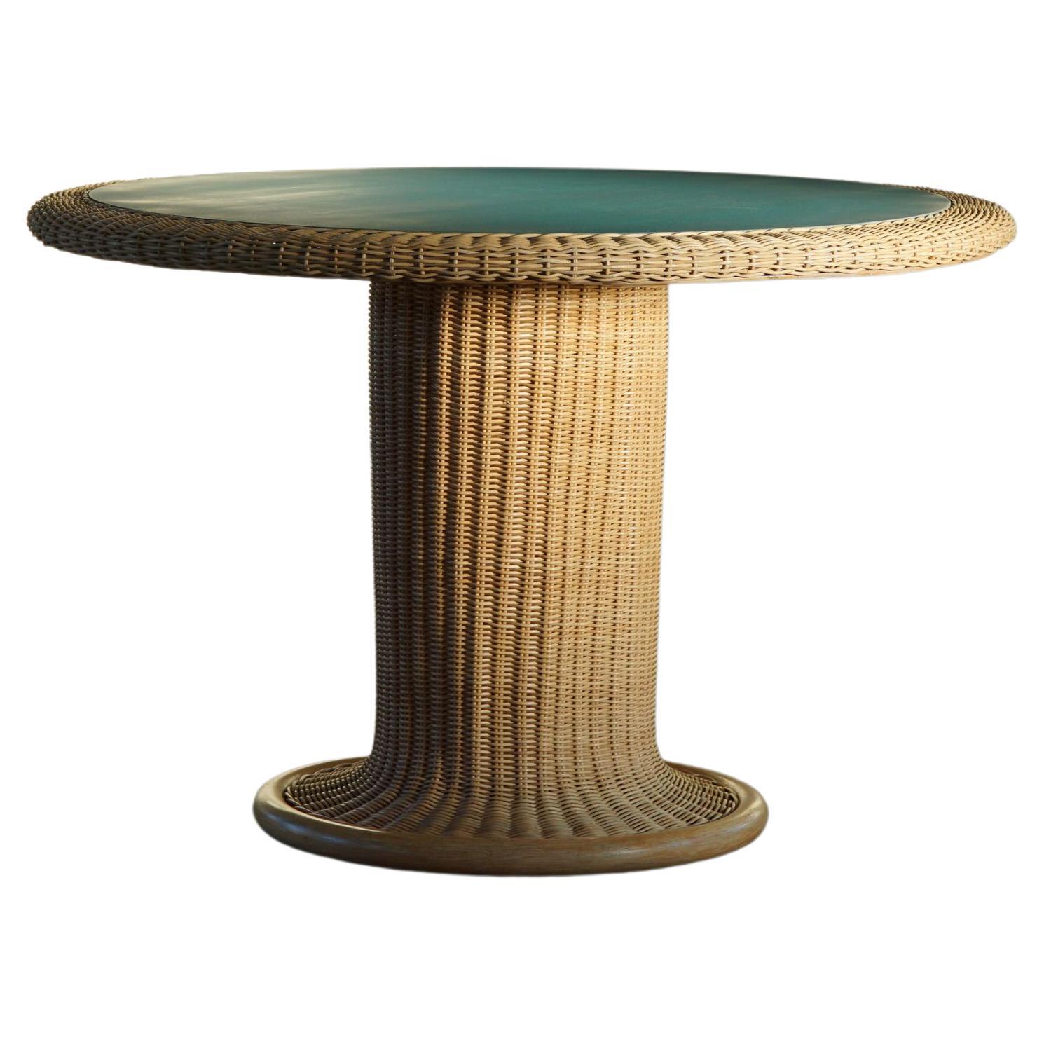 Vintage Italian Round Rattan Dining Table, Mid Century Modern, Made in 1970s