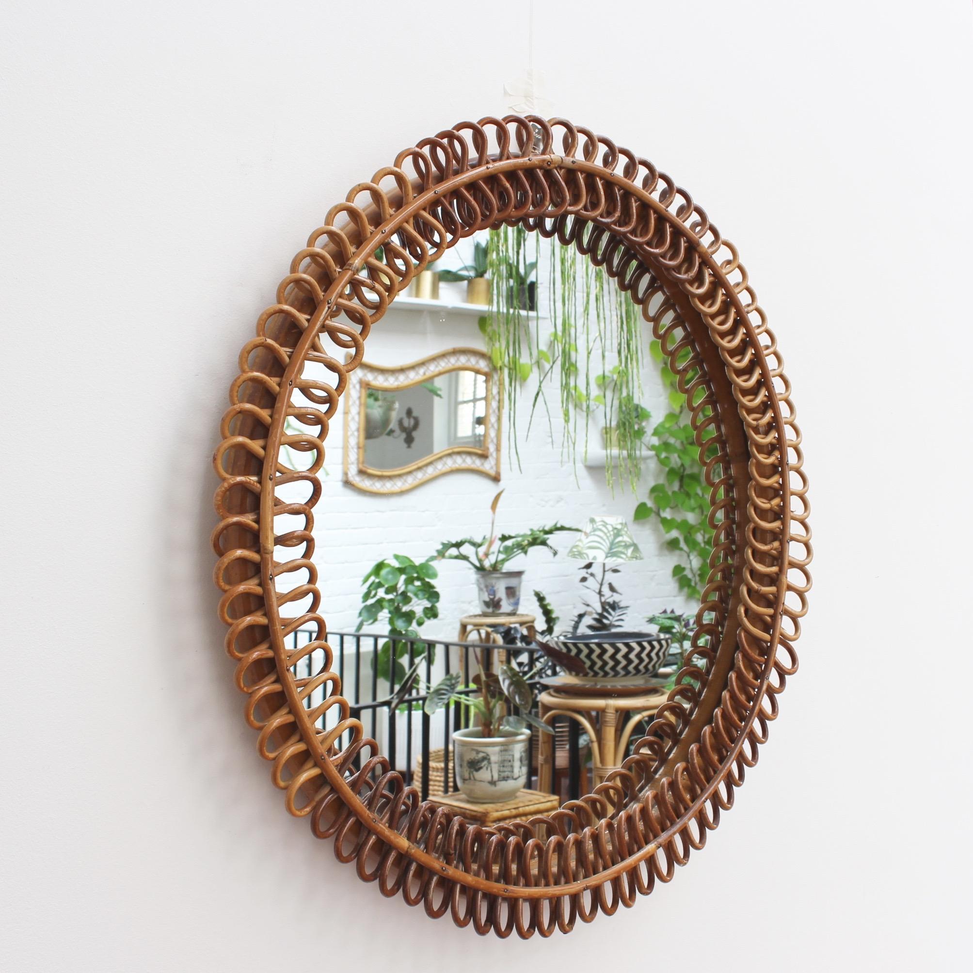 Mid-Century Modern Vintage Italian Round Rattan Wall Mirror, 'circa 1960s'