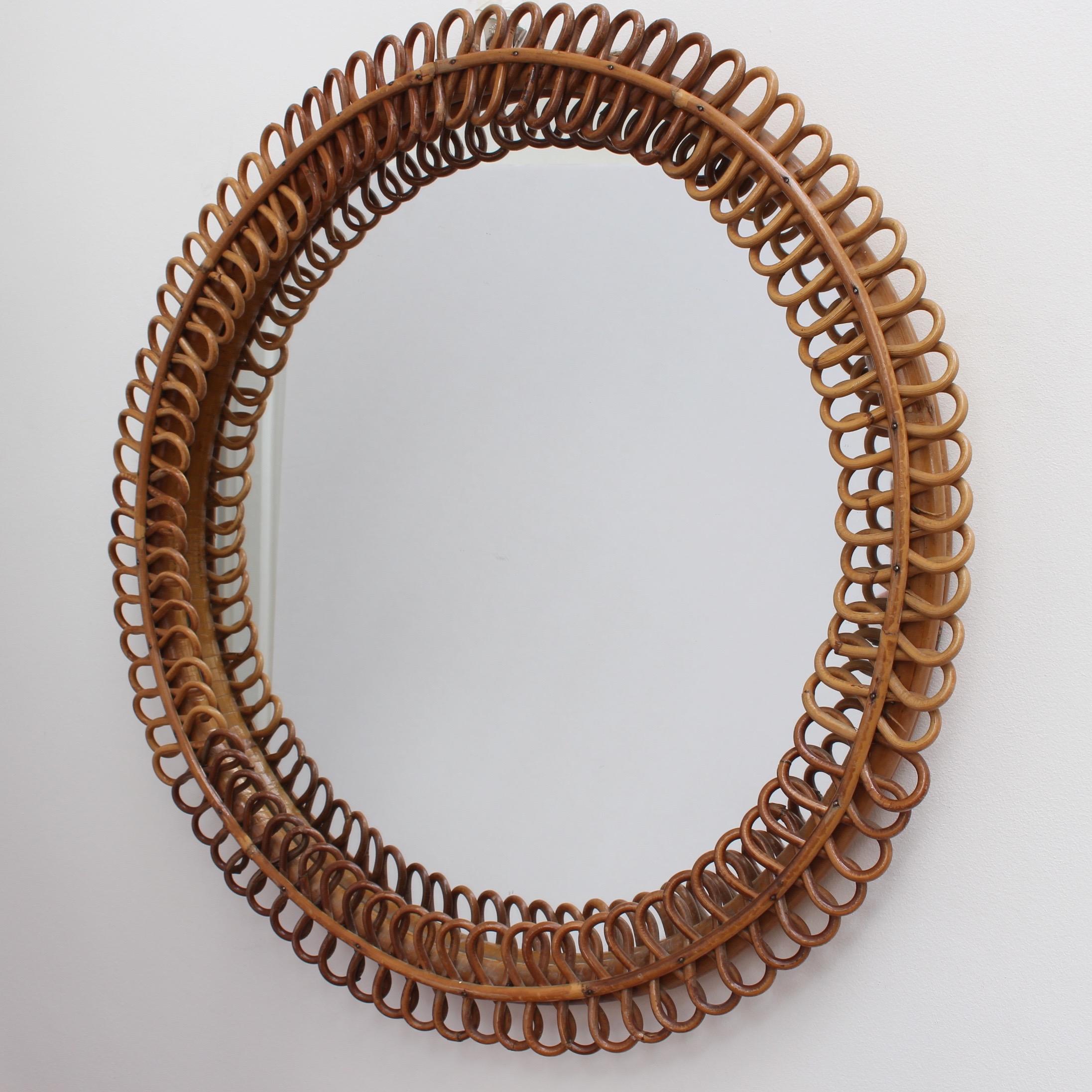 Mid-20th Century Vintage Italian Round Rattan Wall Mirror, 'circa 1960s'