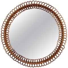 Vintage Italian Round Rattan Wall Mirror, 'circa 1960s'