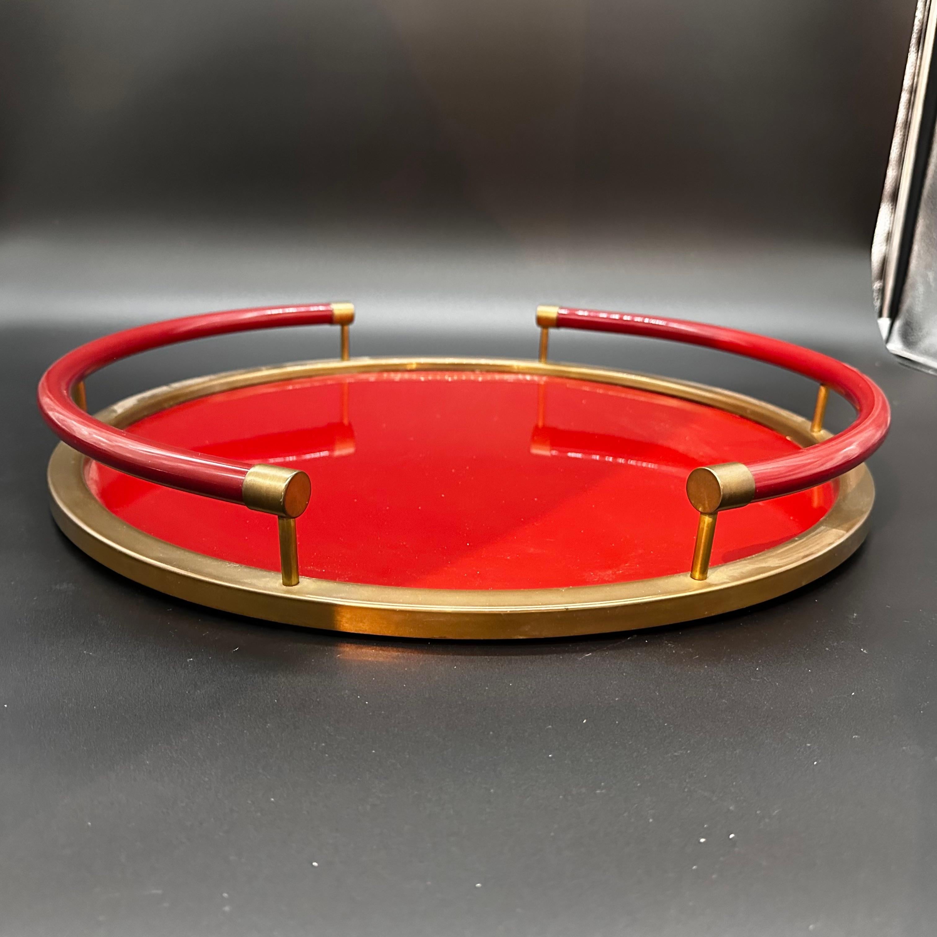 Brass Vintage Italian Round Red Tray 1980s For Sale