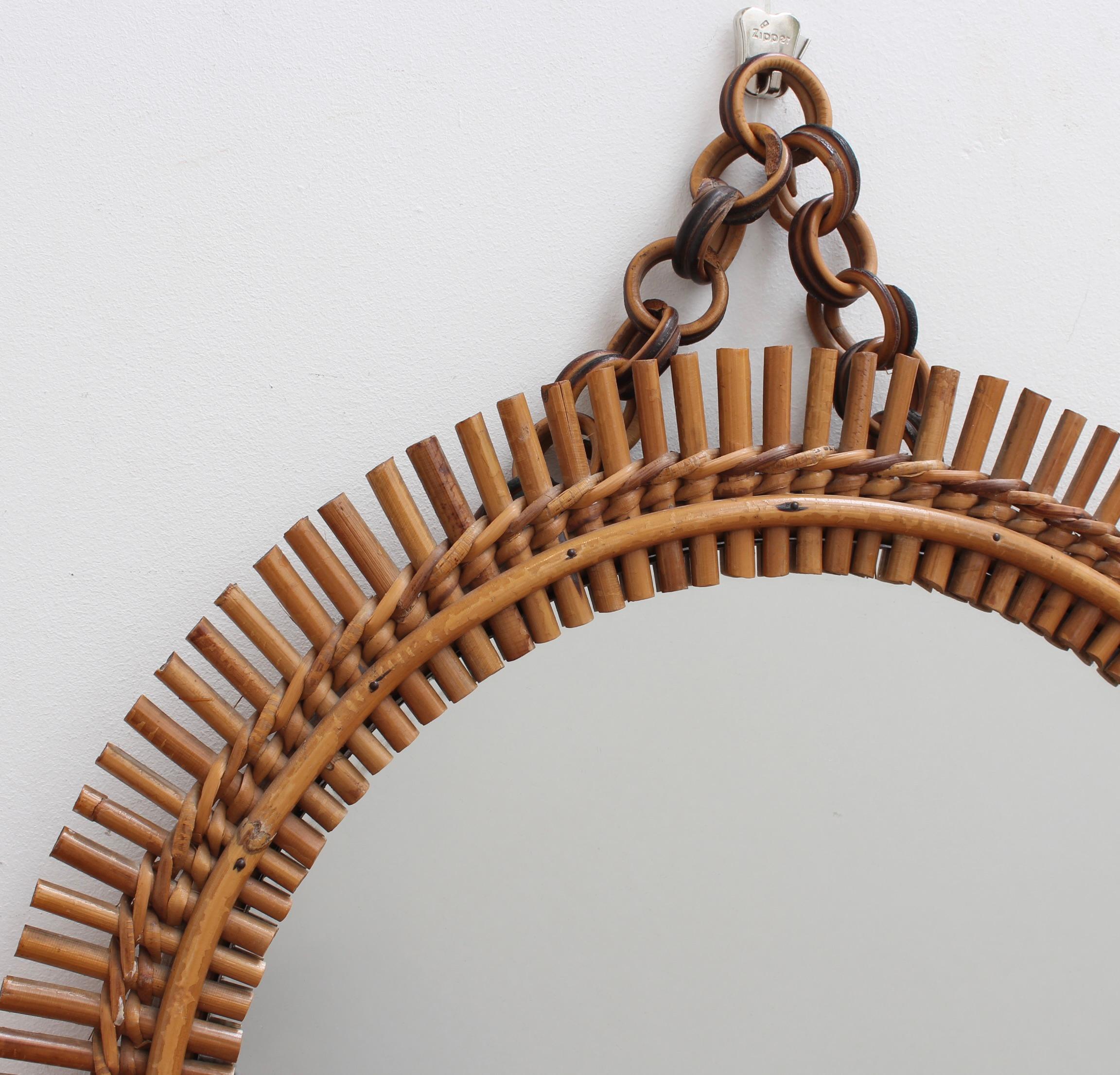 Rattan Vintage Italian Round Wall Mirror with Hanging Chain (circa 1960s) For Sale