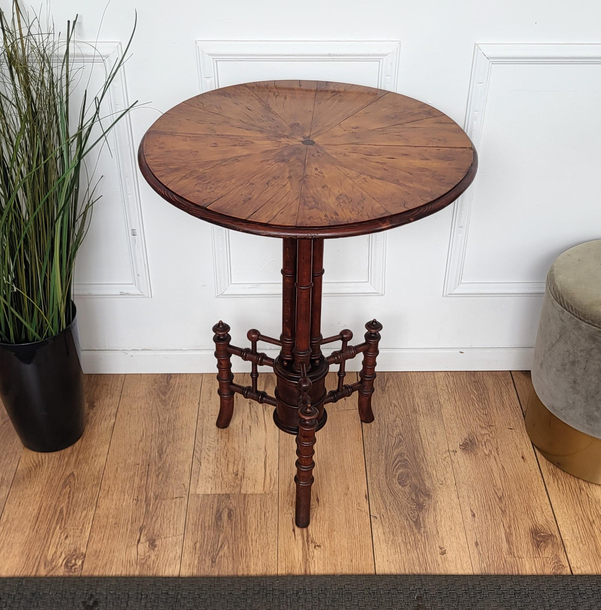 Wood Vintage Italian Round Walnut Burl Burr Side Table and Tripod Carved Legs For Sale