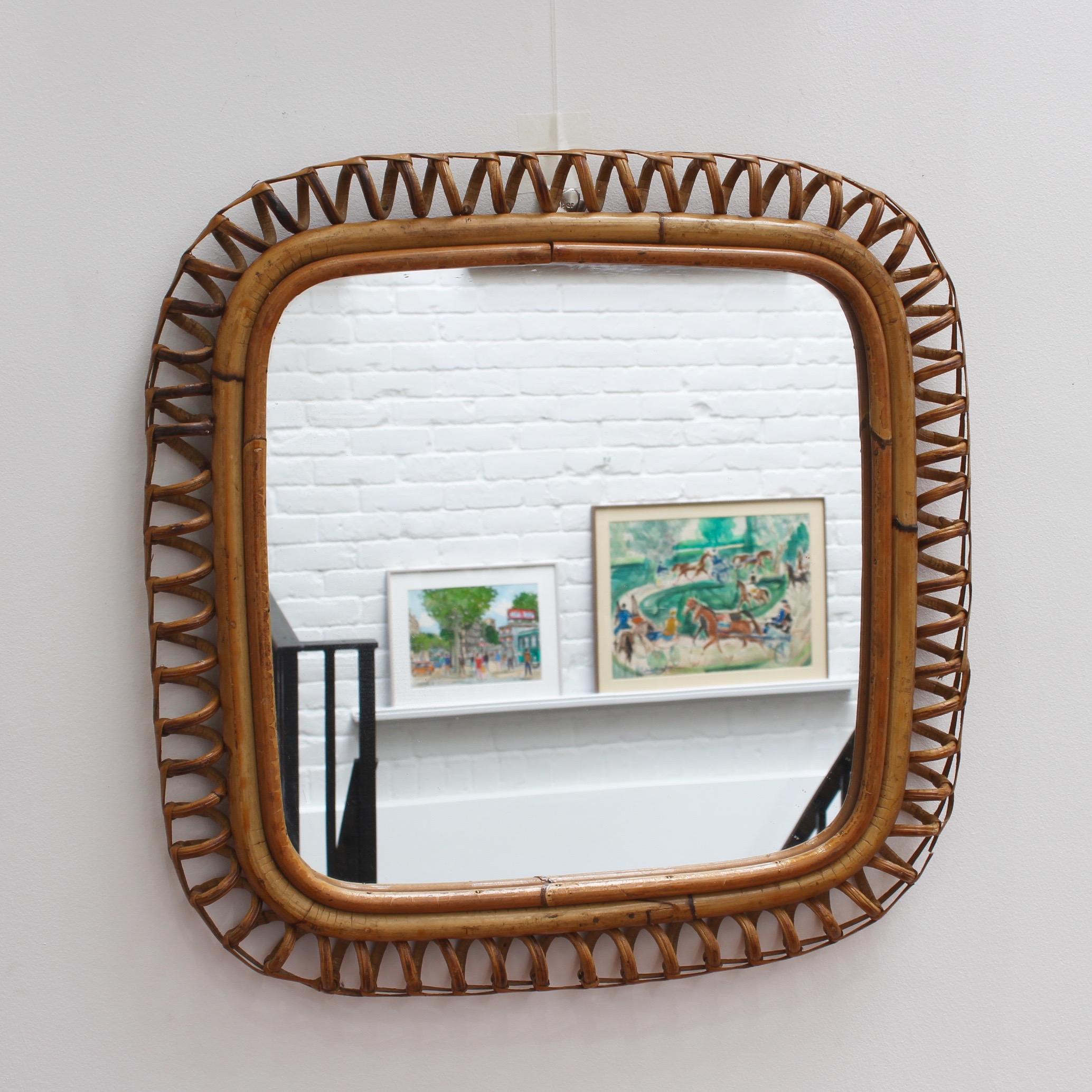 Vintage Italian Rounded Square Rattan Mirror, circa 1960s In Good Condition In London, GB