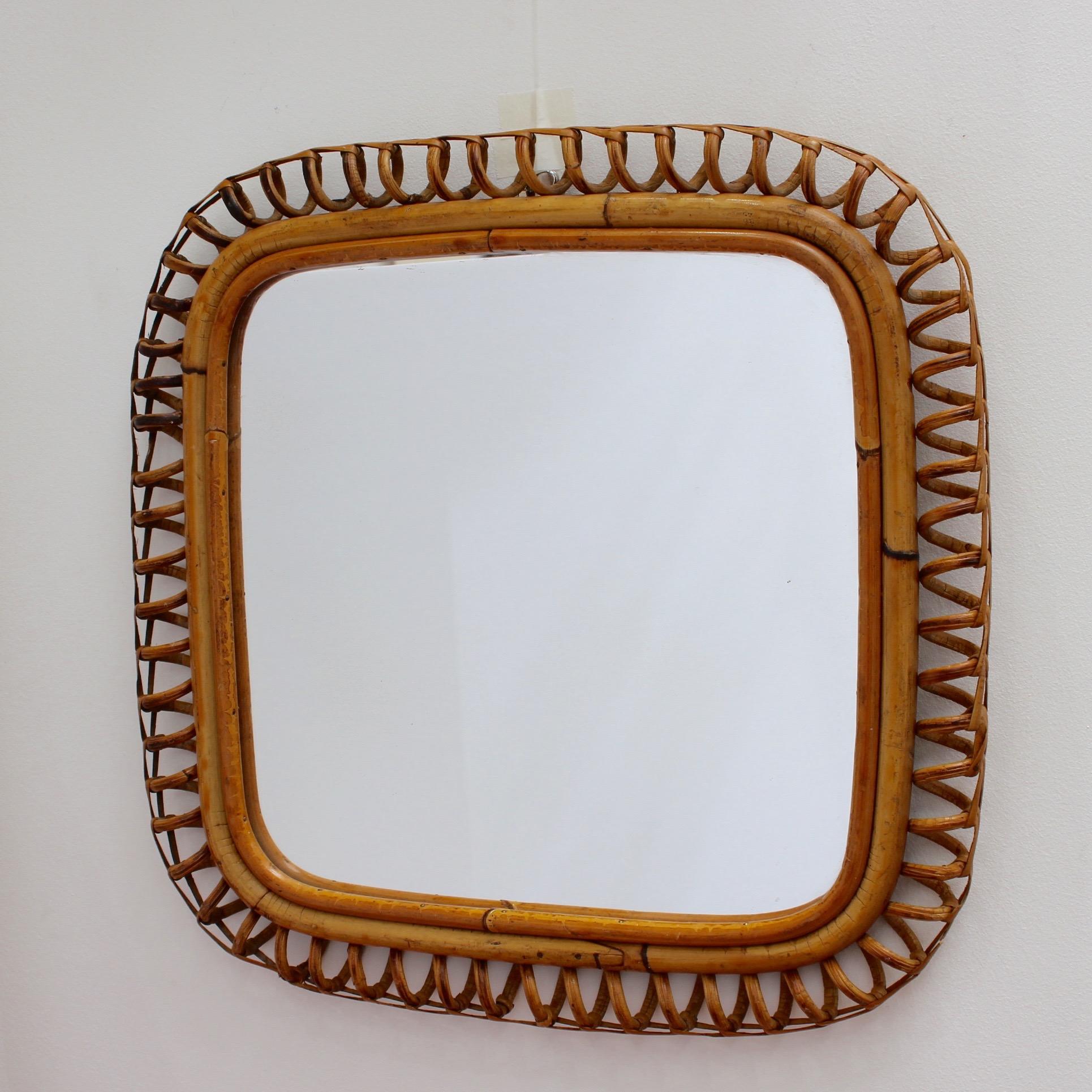 Mid-20th Century Vintage Italian Rounded Square Rattan Mirror, circa 1960s