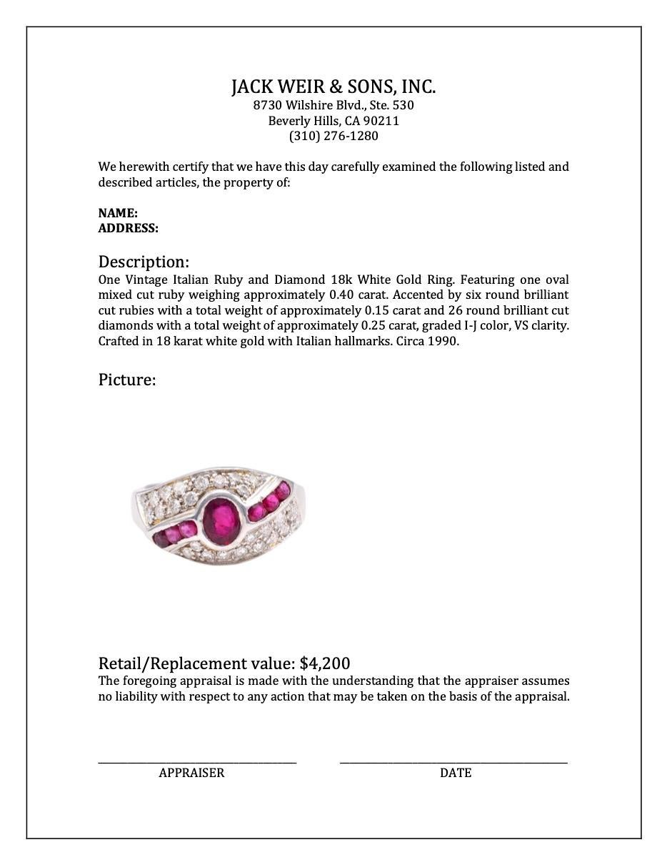 Women's or Men's Vintage Italian Ruby and Diamond 18k White Gold Ring For Sale