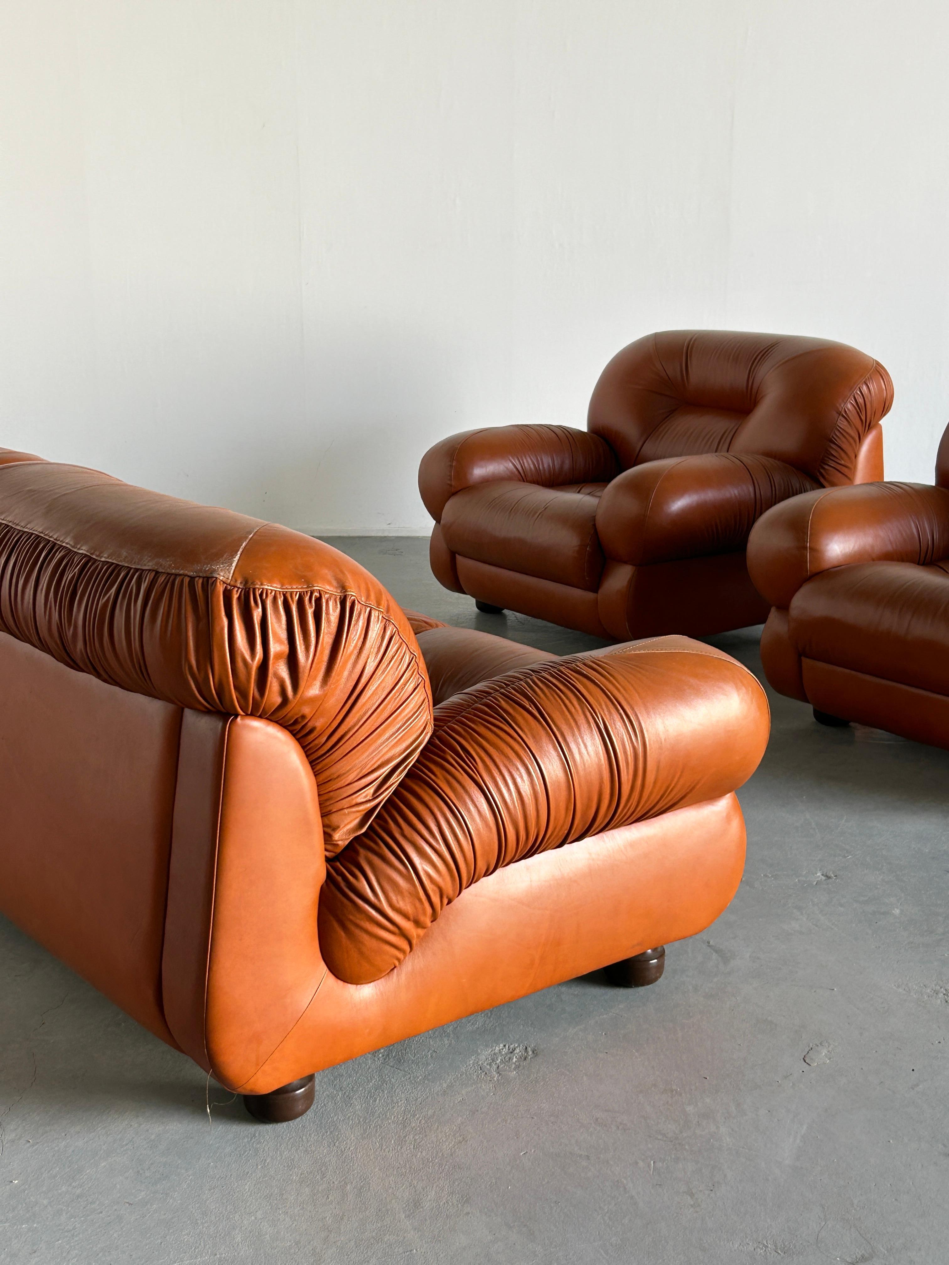 Vintage Italian Ruched Cognac Leather Mid-Century Modern Seating Set, 1970s For Sale 6