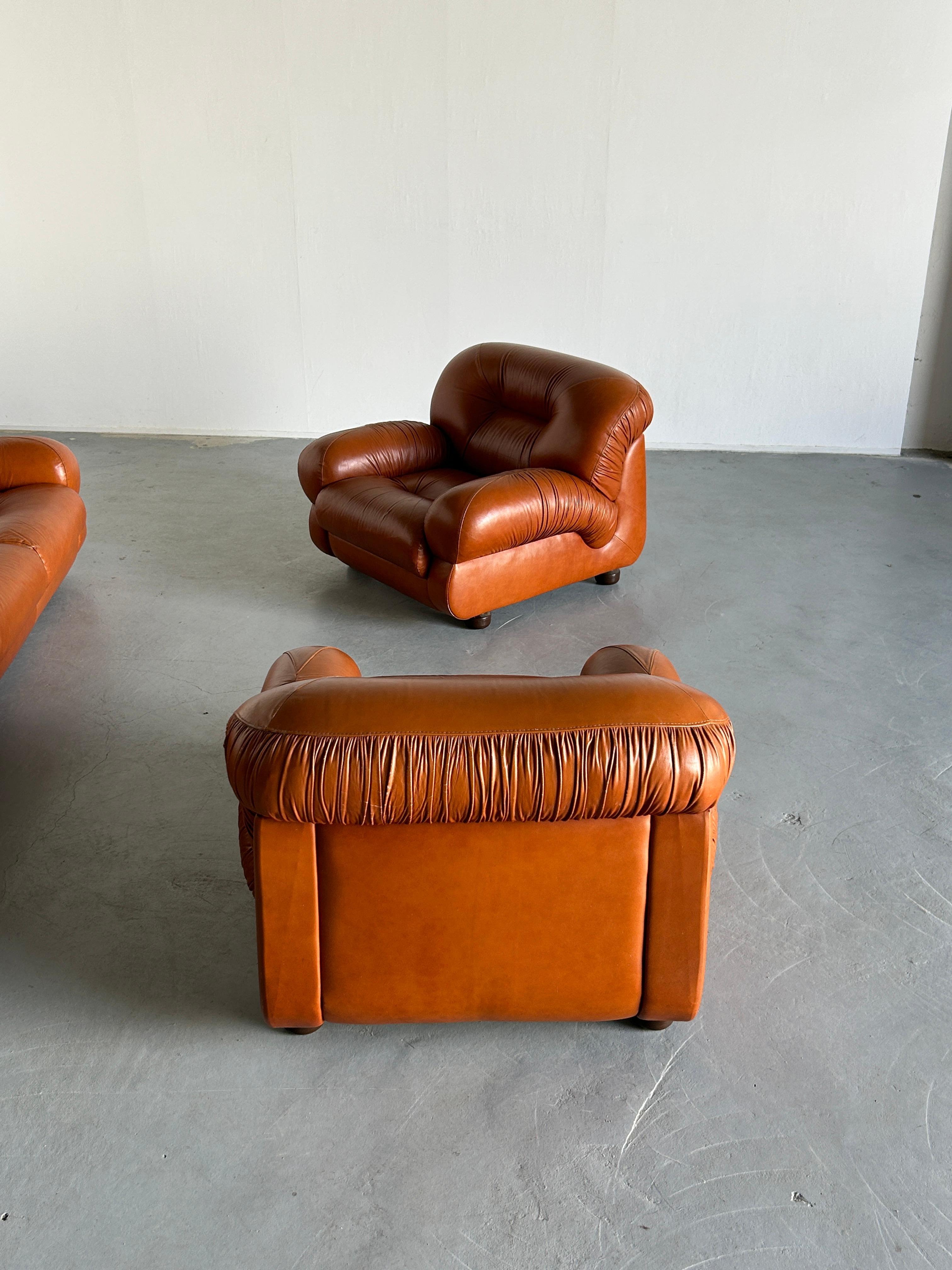Vintage Italian Ruched Cognac Leather Mid-Century Modern Seating Set, 1970s For Sale 8