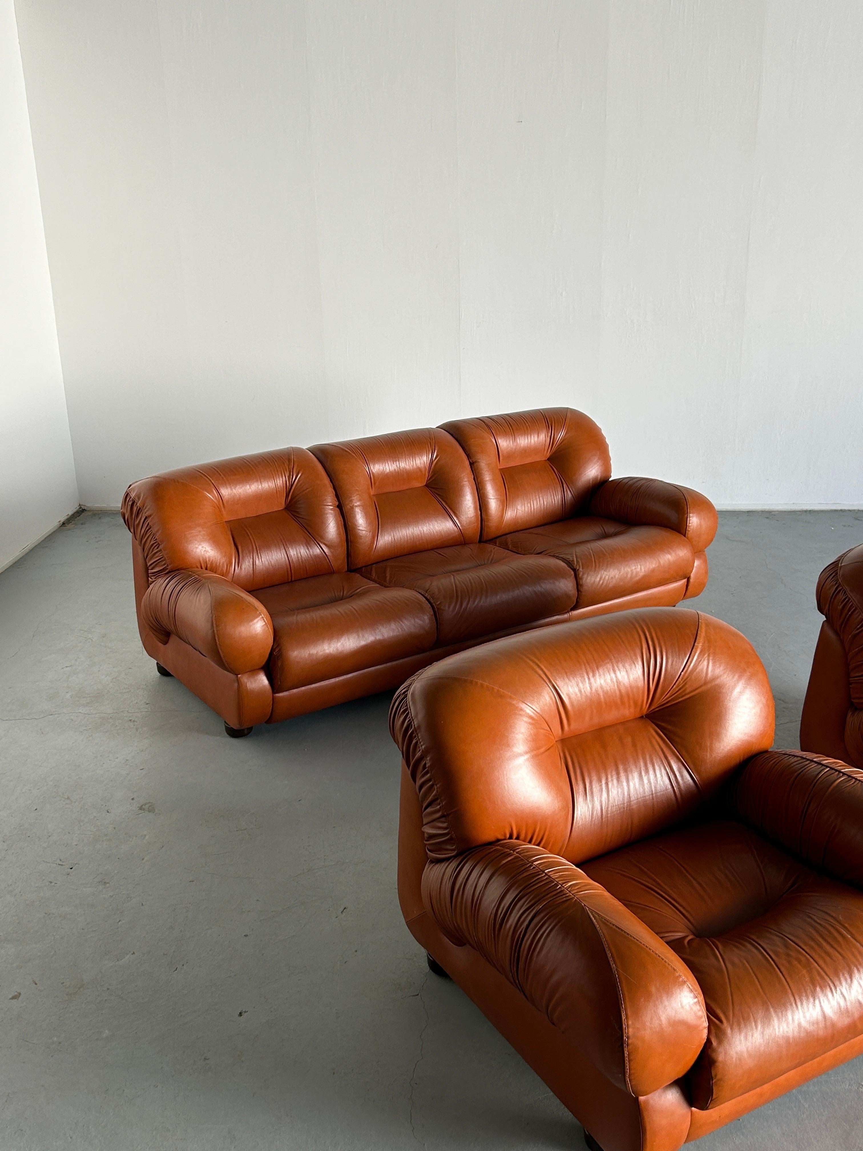 Vintage Italian Ruched Cognac Leather Mid-Century Modern Seating Set, 1970s For Sale 9