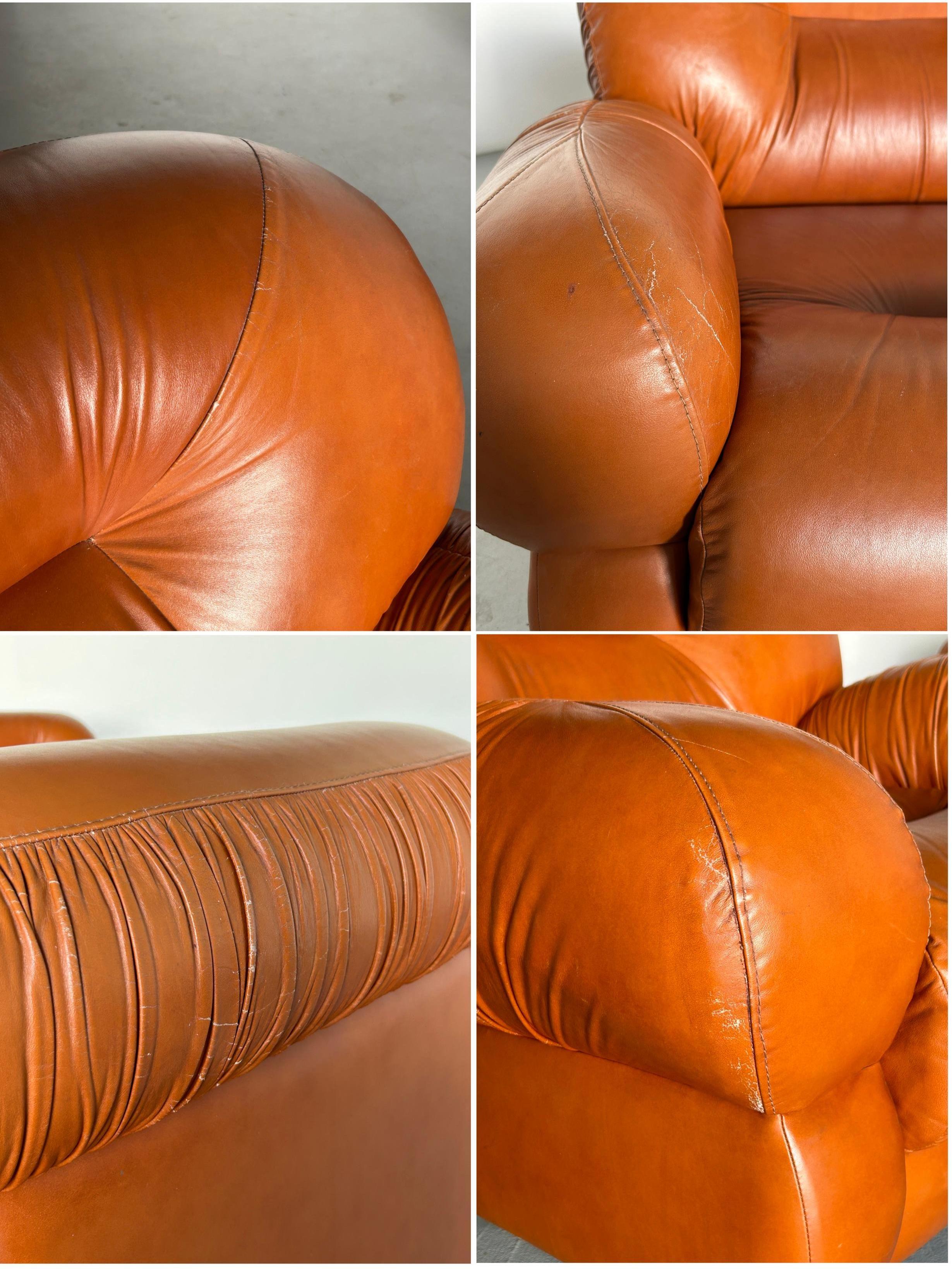 Vintage Italian Ruched Cognac Leather Mid-Century Modern Seating Set, 1970s For Sale 15