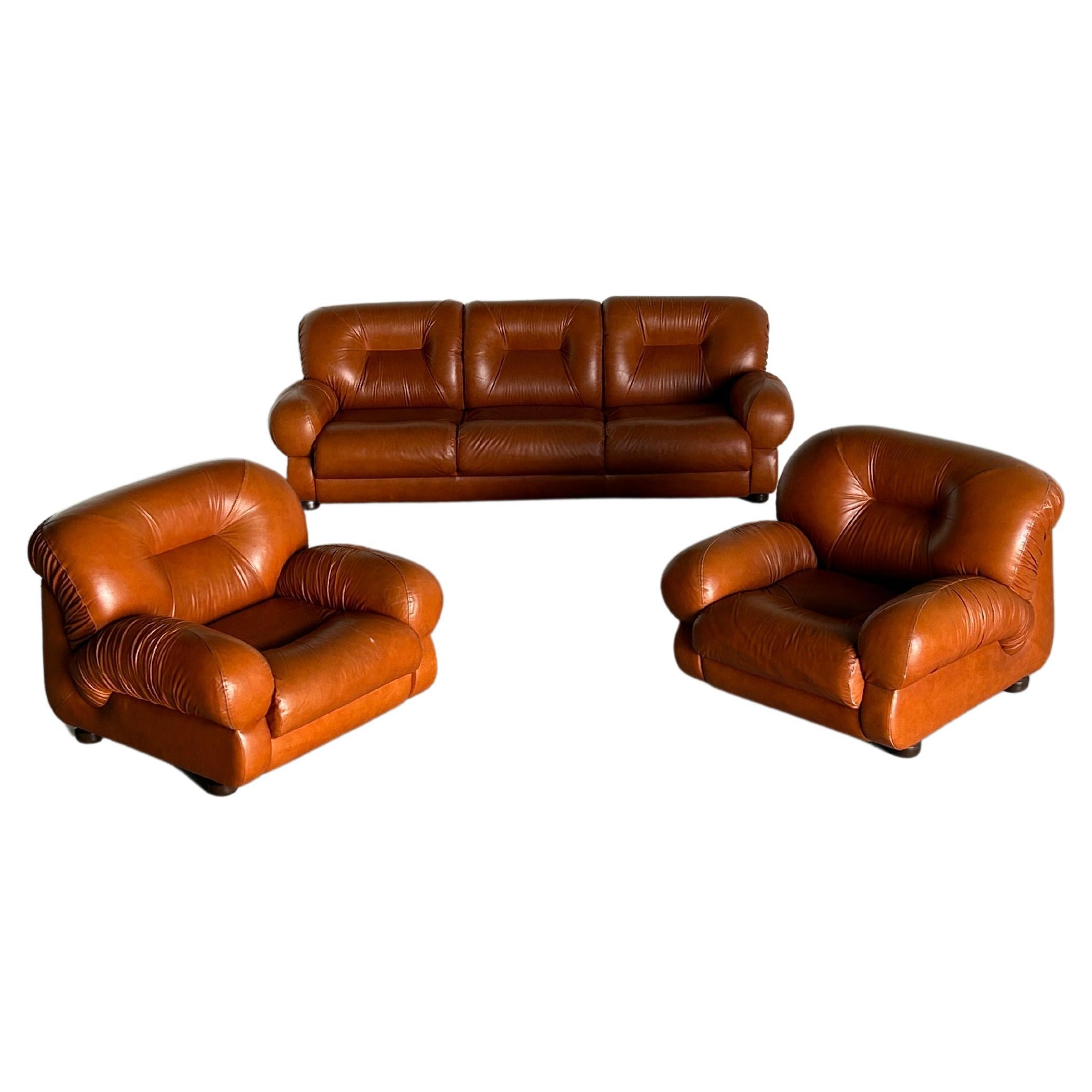 Vintage Italian Ruched Cognac Leather Mid-Century Modern Seating Set, 1970s For Sale