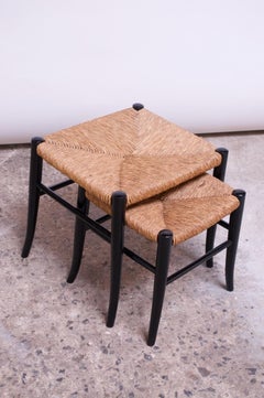 Vintage Italian Rush and Ebonized Wood Nesting Footstools / Ottomans