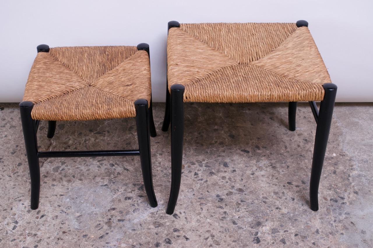 Mid-Century Modern Vintage Italian Rush and Ebonized Wood Nesting Footstools / Ottomans