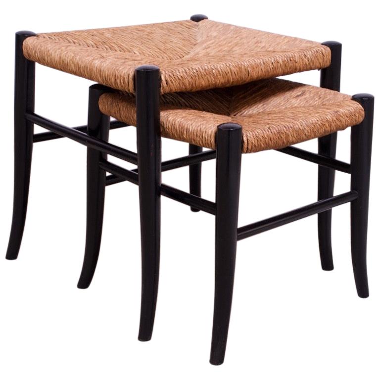 Vintage Italian Rush and Ebonized Wood Nesting Footstools / Ottomans