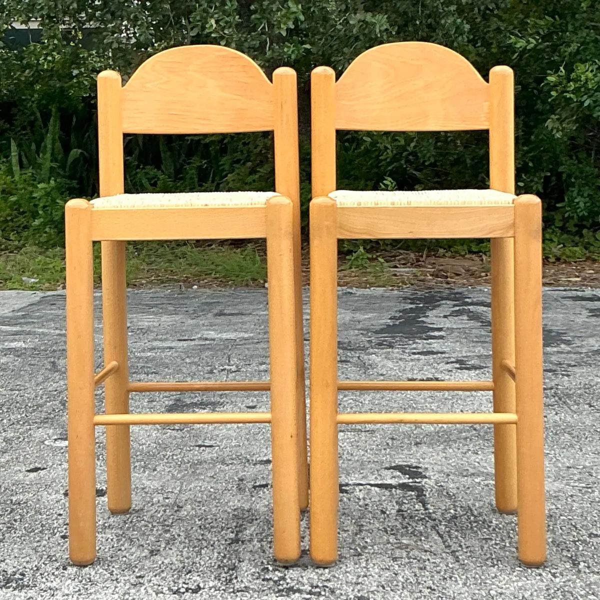 Vintage Italian Rush Seat Padova Barstools - Set of 2 In Good Condition In West Palm Beach, FL