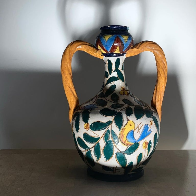 Vintage Italian Rustic Hand-Painted Ceramic Vessel For Sale at 1stDibs