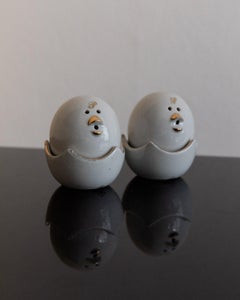 Vintage Italian Salt & Pepper Shakers with Bowl - White & Gold Chick Motif 1960s
