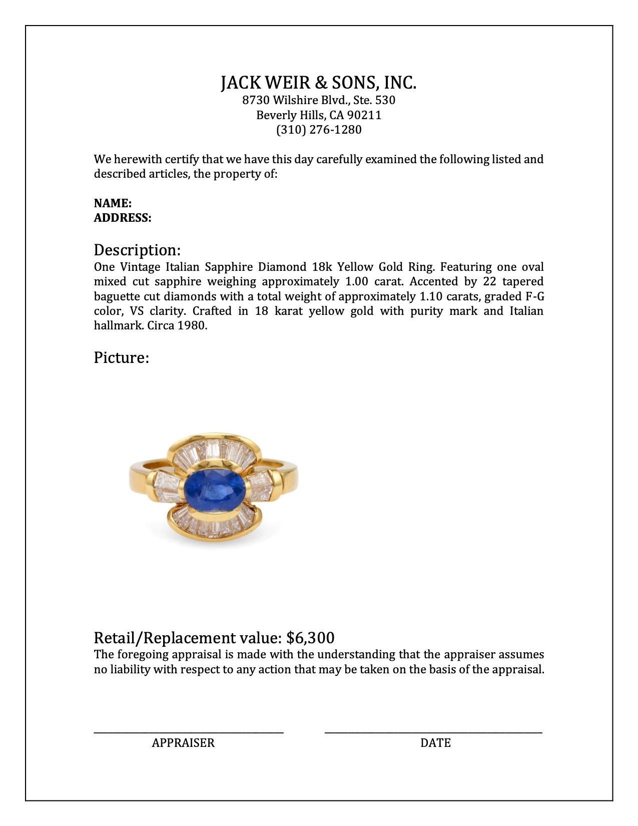 Women's or Men's Vintage Italian Sapphire Diamond 18k Yellow Gold Ring For Sale