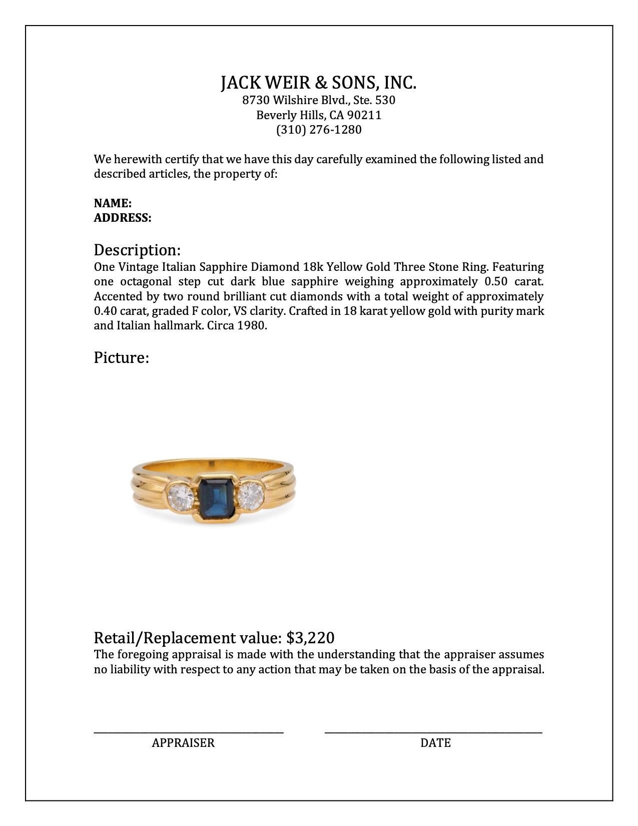 Women's or Men's Vintage Italian Sapphire Diamond 18k Yellow Gold Three Stone Ring For Sale