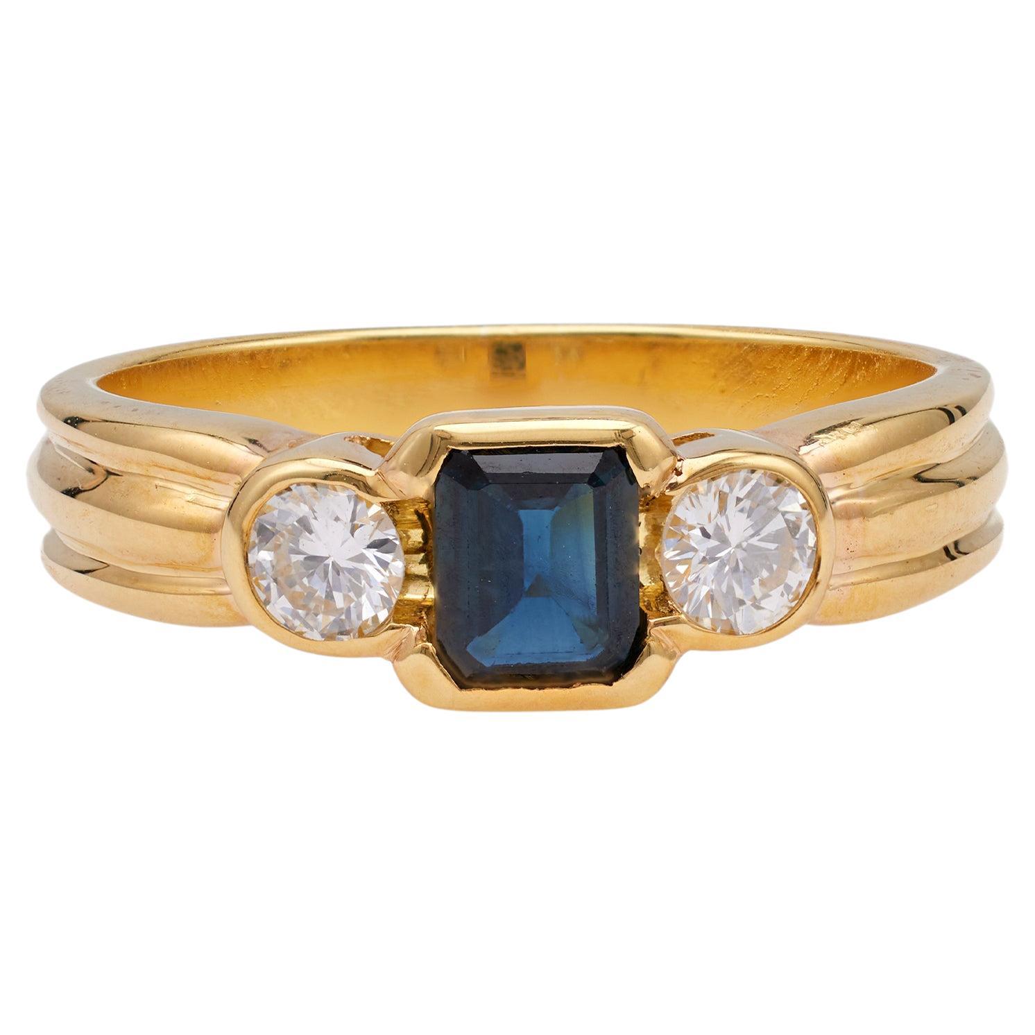 Vintage Italian Sapphire Diamond 18k Yellow Gold Three Stone Ring For Sale
