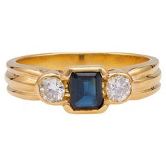 Retro Italian Sapphire Diamond 18k Yellow Gold Three Stone Ring