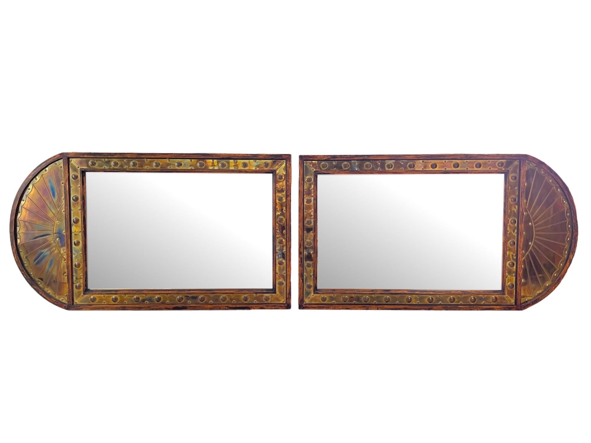 Hollywood Regency Vintage Italian Sarreid Studded Brass Repoussé Arched Wall Mirrors, Pair