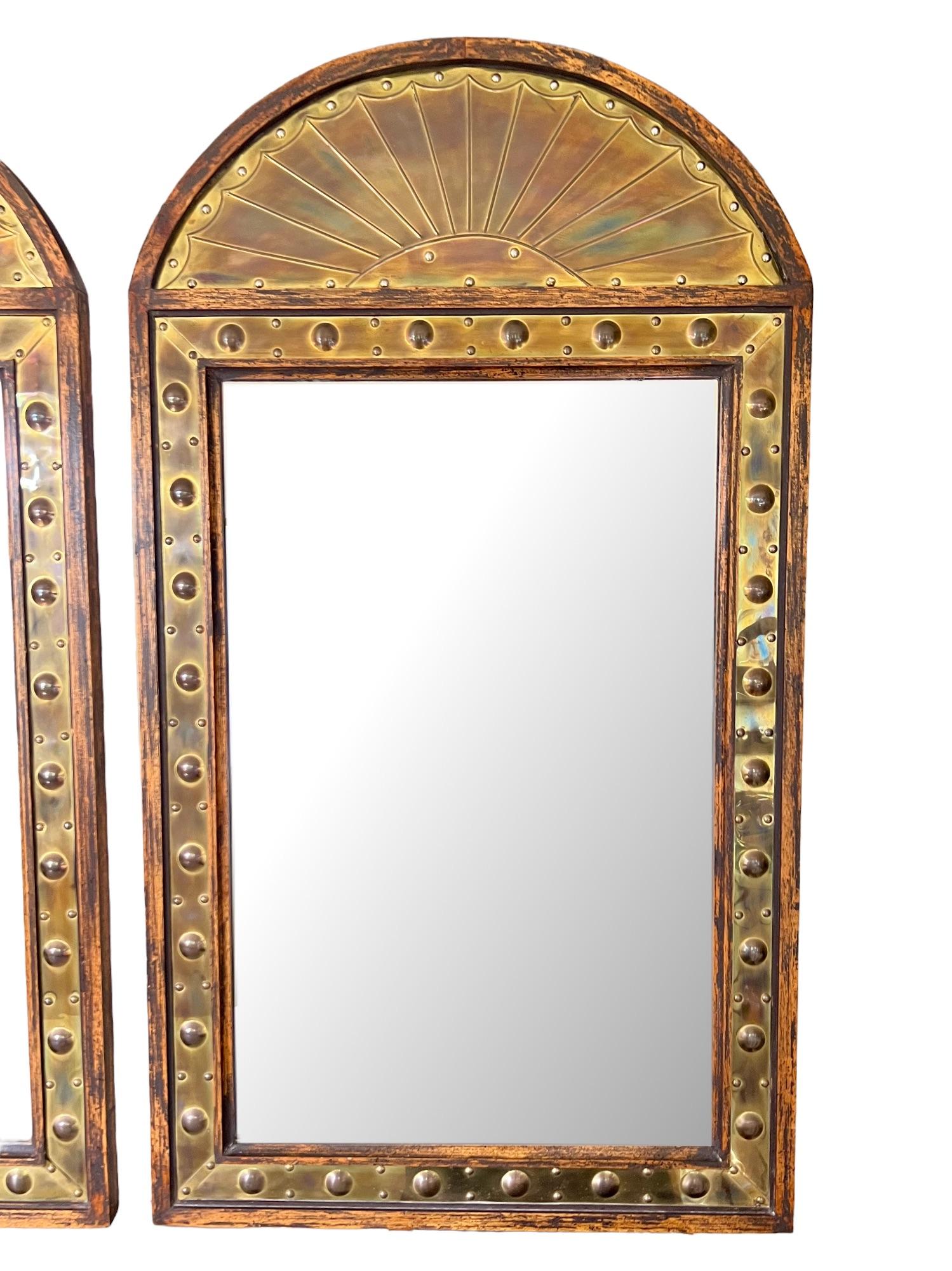 Late 20th Century Vintage Italian Sarreid Studded Brass Repoussé Arched Wall Mirrors, Pair