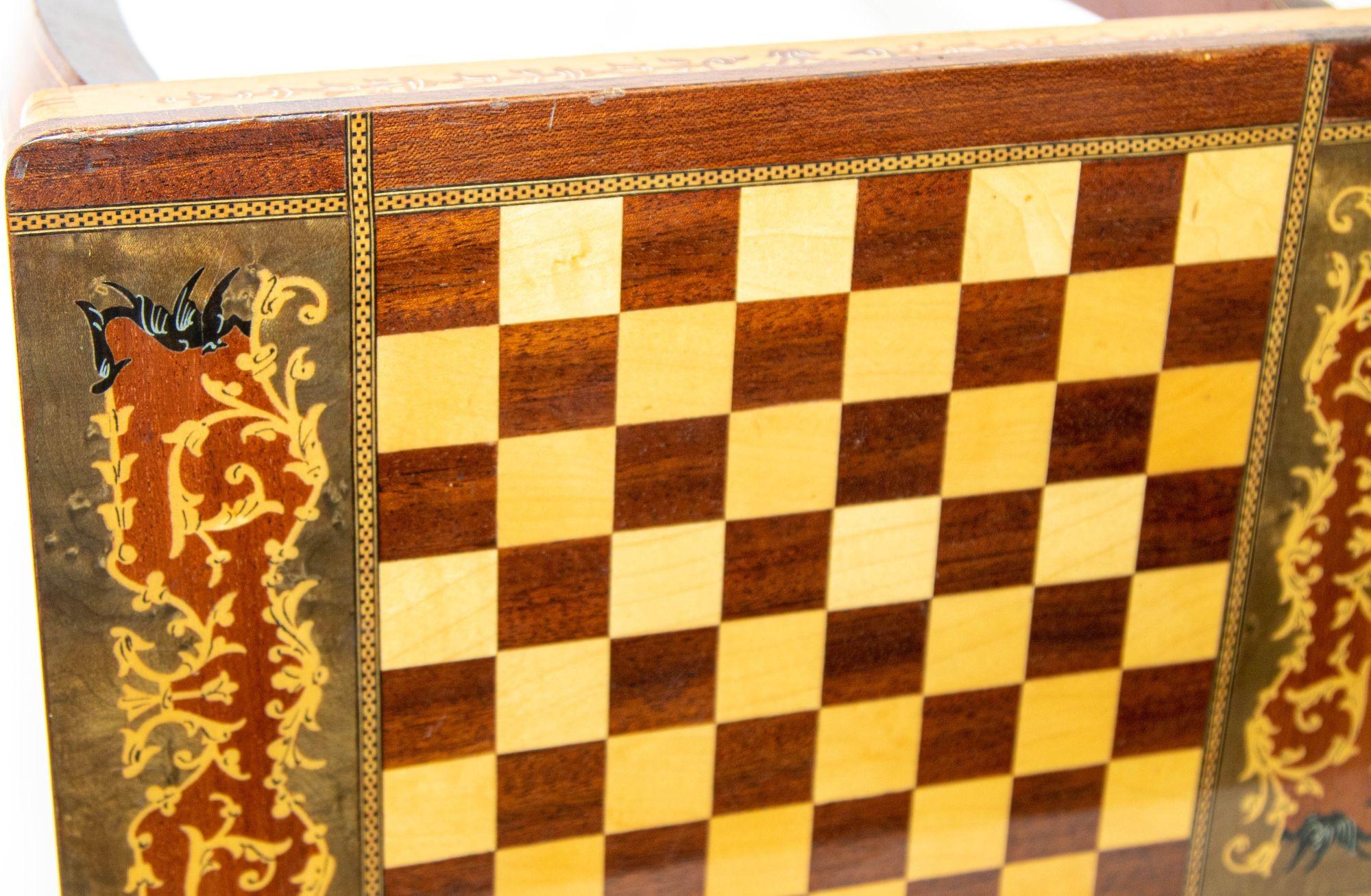 Vintage Italian Satinwood Inlaid Marquetry Music Box Side Table, Chess Game Tabl For Sale 3