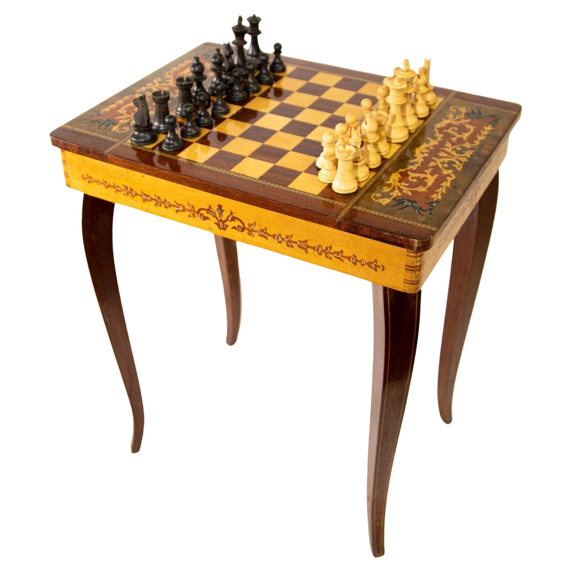 Vintage Italian Satinwood Inlaid Marquetry Music Box Side Table, Chess Game Tabl For Sale