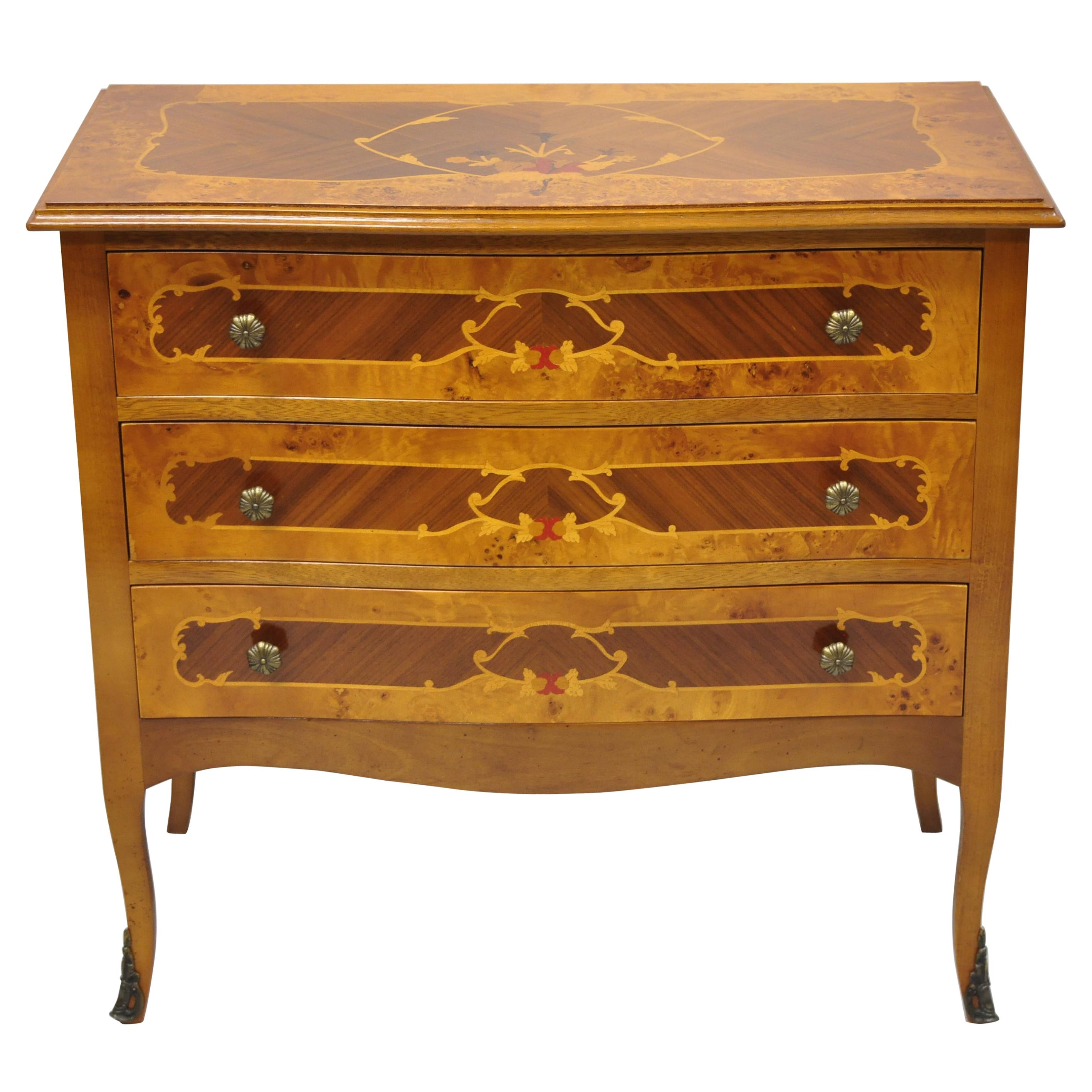 Vintage Italian Satinwood Inlay 3 Drawer Chest Commode Side Cabinet