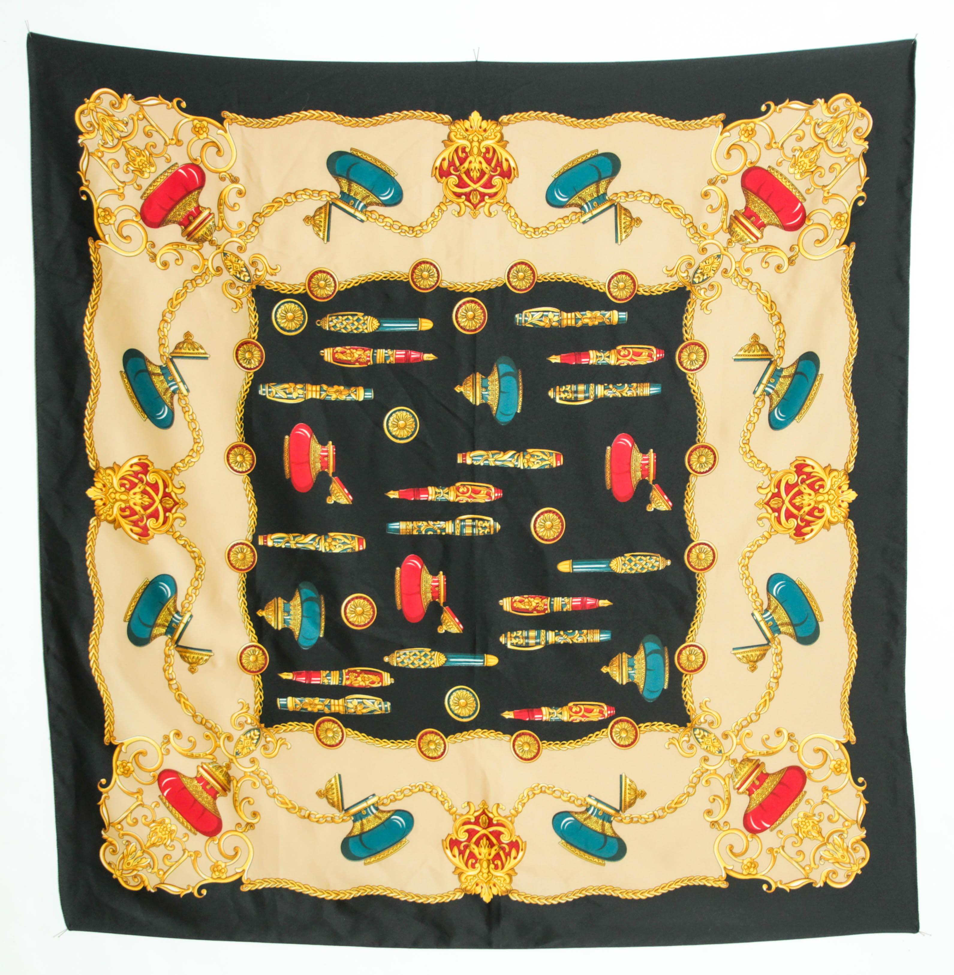Vintage black, gold, ruby red and emerald green jeweled colors with luxury writing instruments motif.
Vintage and antique fountain pens and inkwells print.
Vintage Italian women scarf shawl made in Italy.
Vintage large scarf neck scarf or shawl in