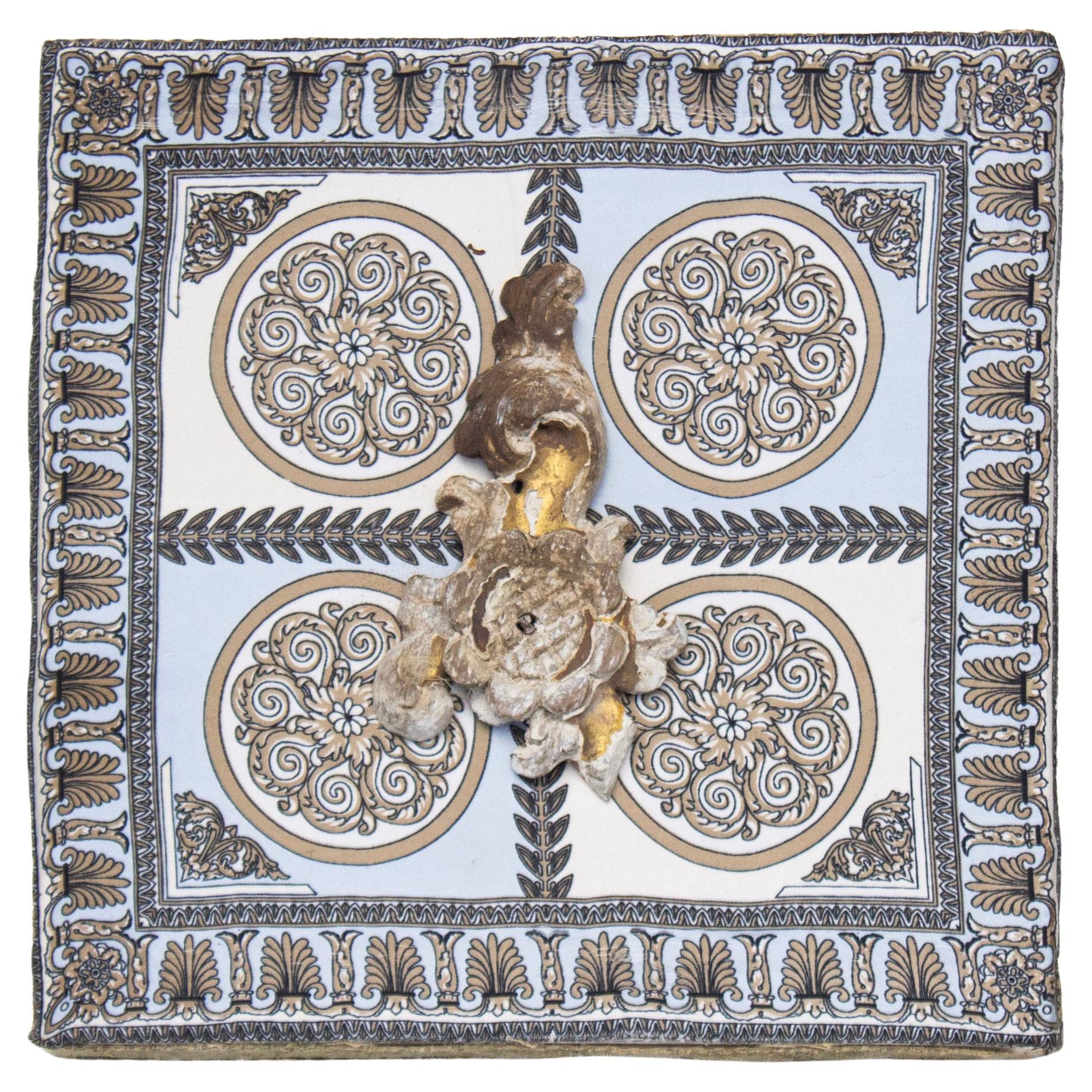 Vintage Italian Scarf with 18th Century Gold-Leaf Wood Motif on Canvas