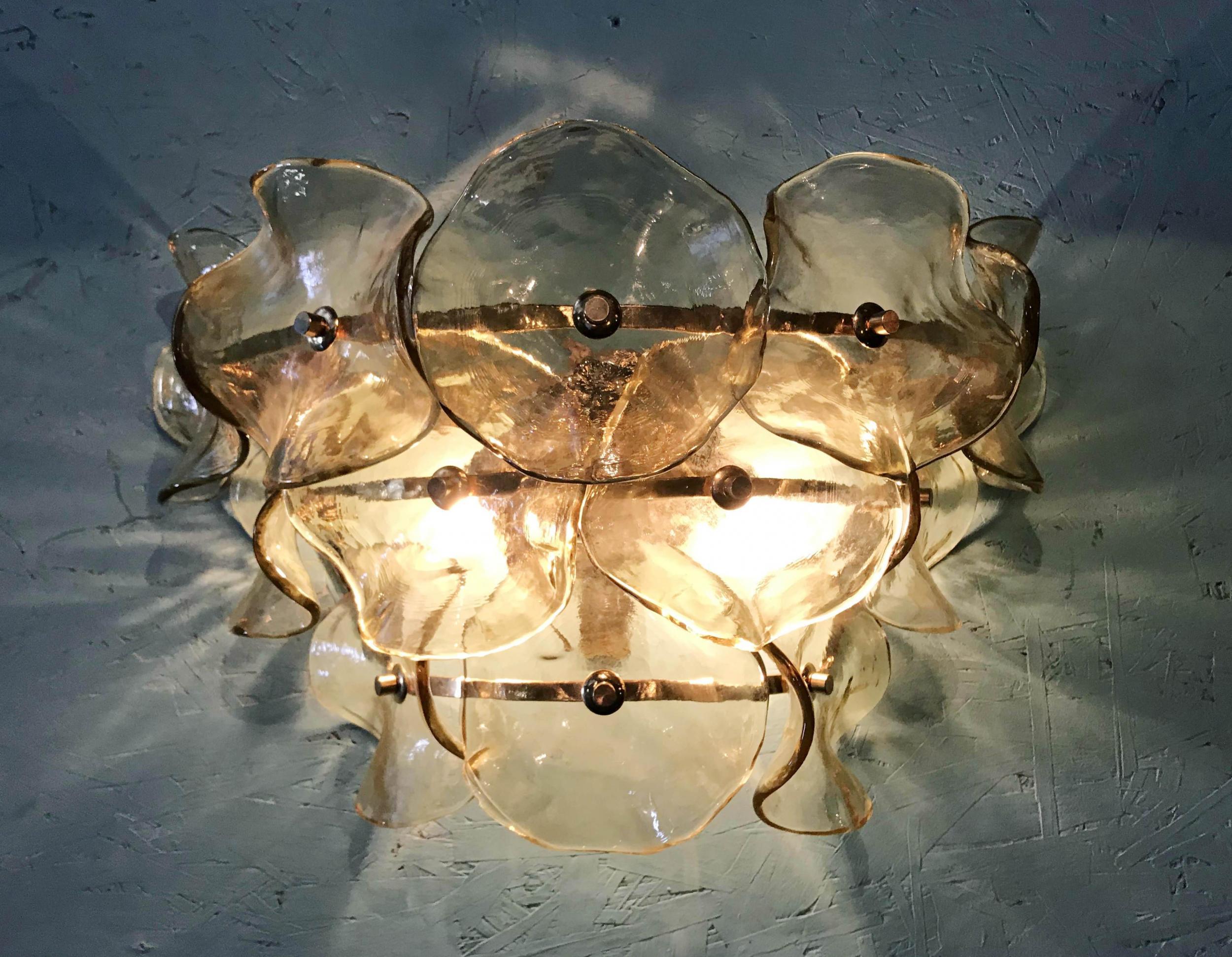 Set of Three Vintage Italian Sconces w/ Smoky Murano Glasses In Good Condition In Los Angeles, CA