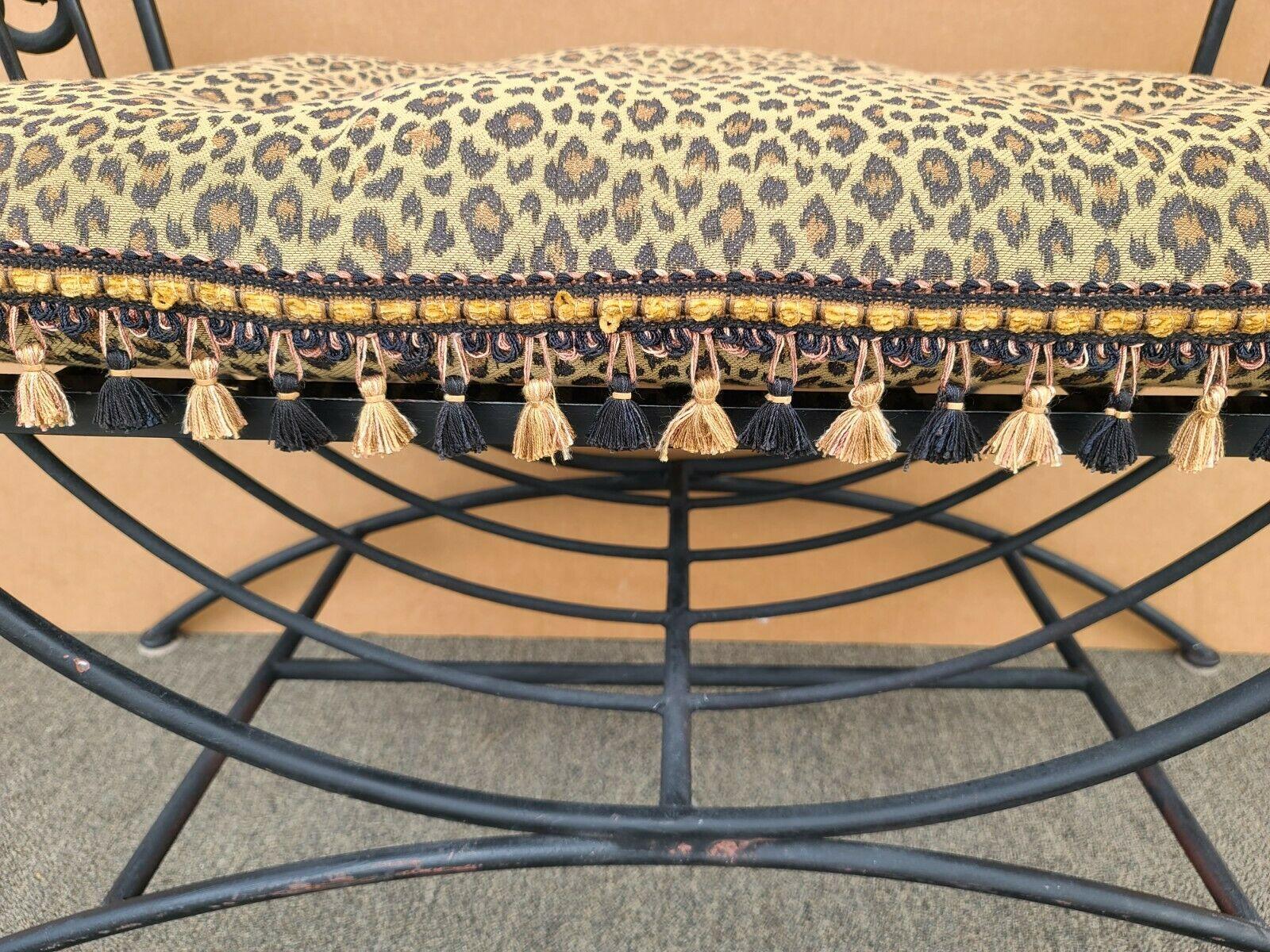 Cotton Vintage Italian Scrolled Wrought Iron Leopard Bench  For Sale