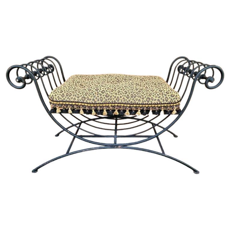 Vintage Italian Scrolled Wrought Iron Leopard Bench  For Sale