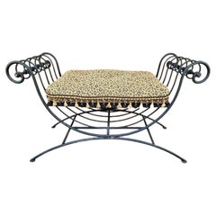 Retro Italian Scrolled Wrought Iron Leopard Bench 