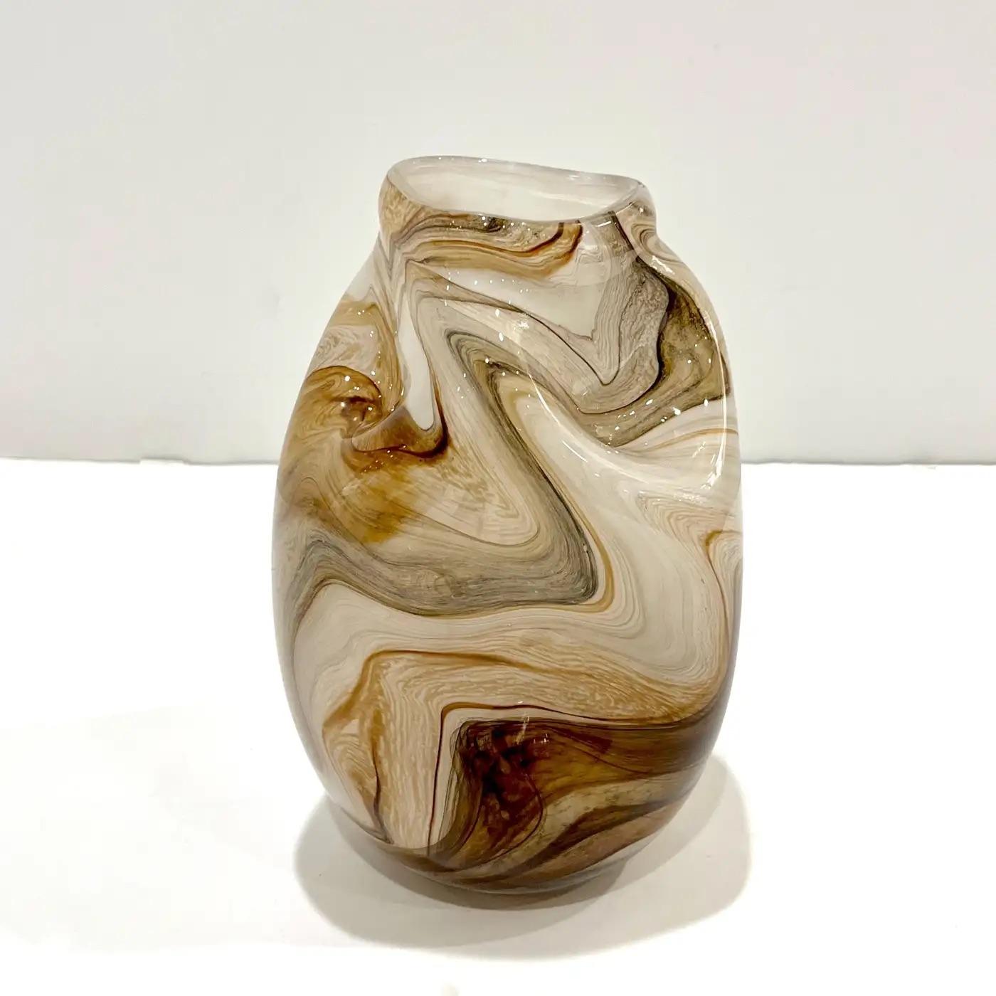 Vintage Italian Sculptural Organic Marbleized Lace Brown Beige Murano Glass Vase 4
