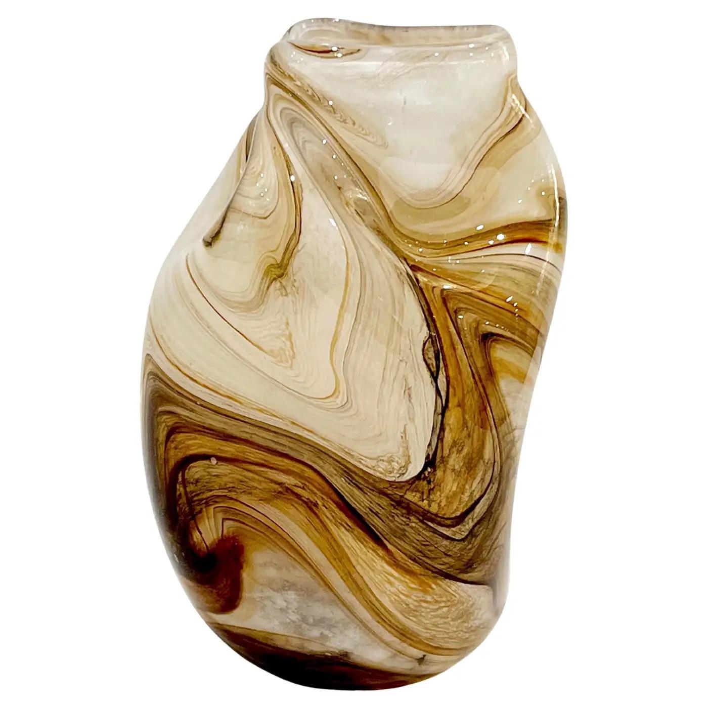 Organique Vintage Italian Sculptural Organic Marbleized Lace Brown Beige Murano Glass Vase