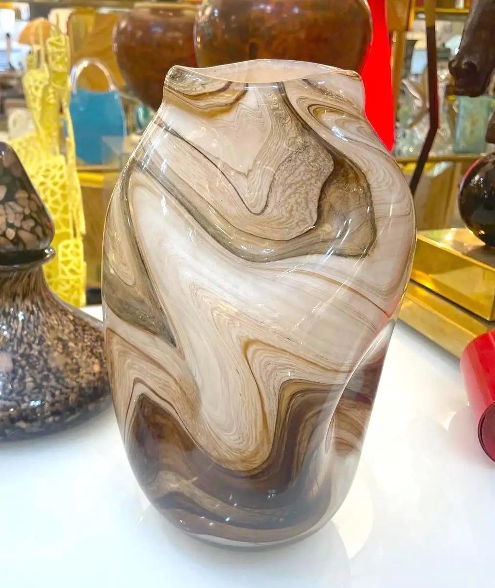 Vintage Italian Sculptural Organic Marbleized Lace Brown Beige Murano Glass Vase 2