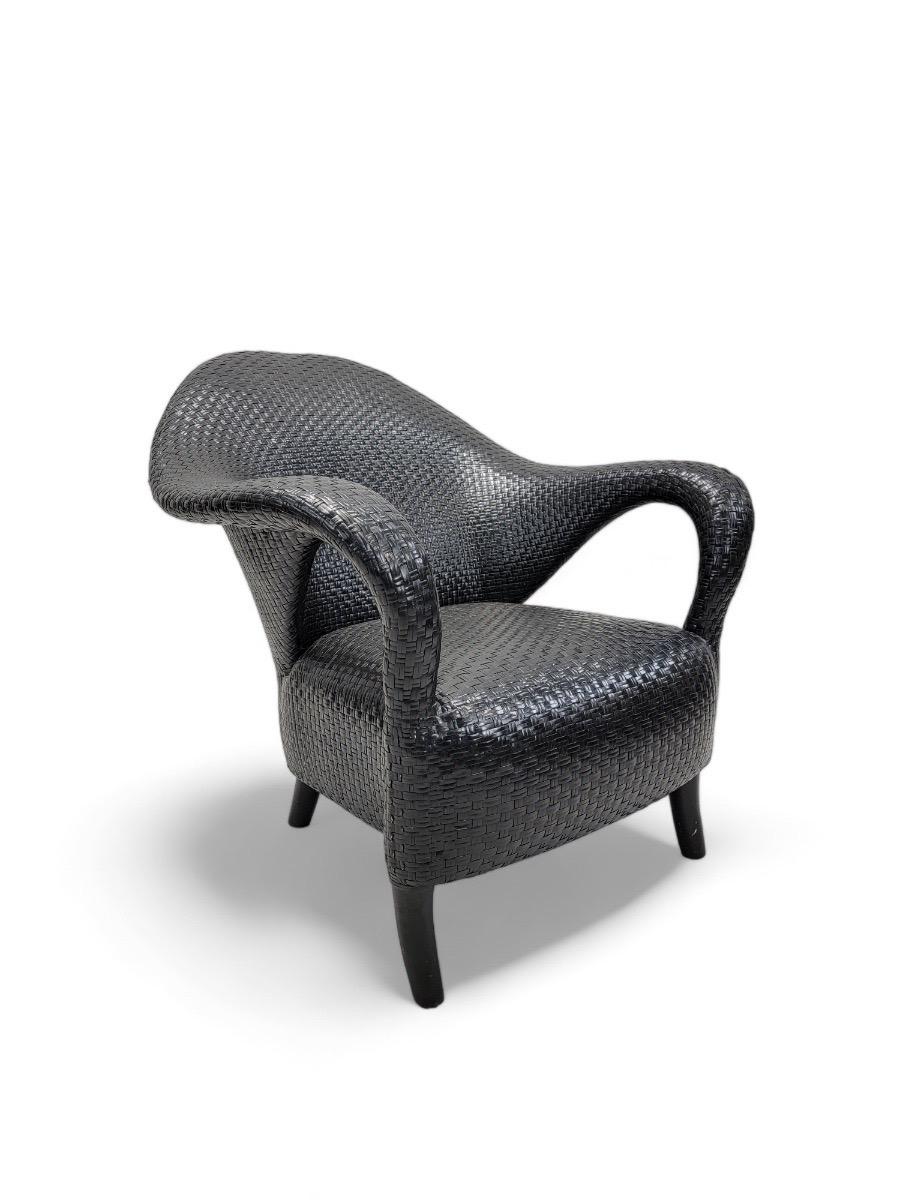Mid-Century Modern Vintage Italian Sculptural Woven Leather Rattan Style Lounge Chair For Sale