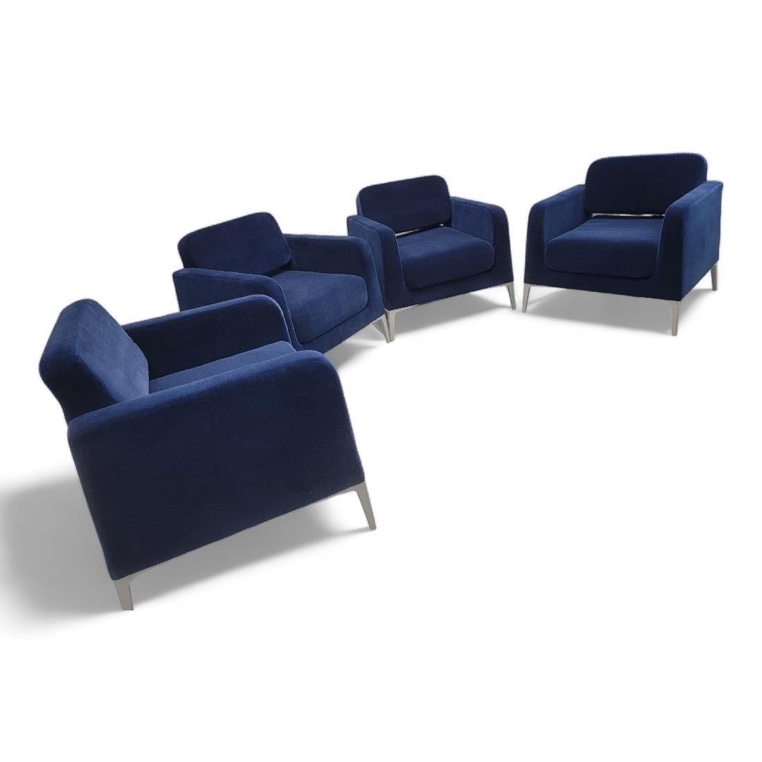 Vintage Italian Postmodern Open-Back Segis Alphabet Lounge Chairs by Bartolomeo Italian Design Newly Upholstered in Royal Blue Italian Mohair - Set of 4

Furnish your sitting/waiting room with these comfy and stylish Segis Alphabet lounge chairs by