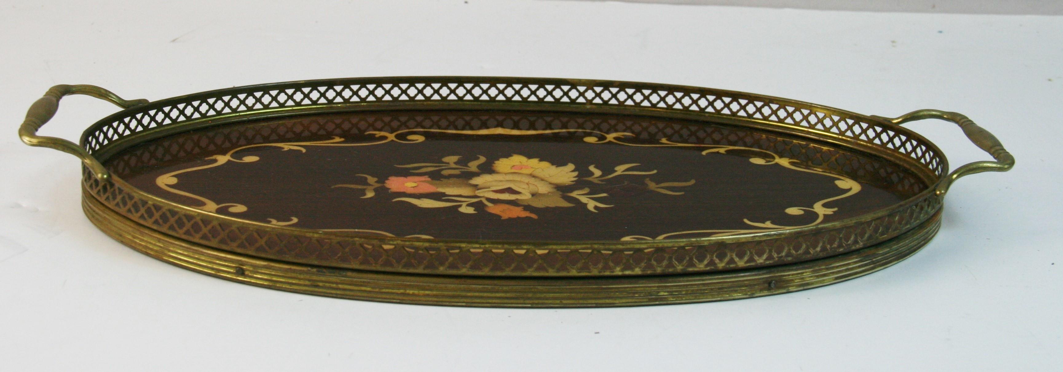 Vintage Italian Serving Tray Inlaid Wood Brass Rim and Handles, 1960's For Sale 1