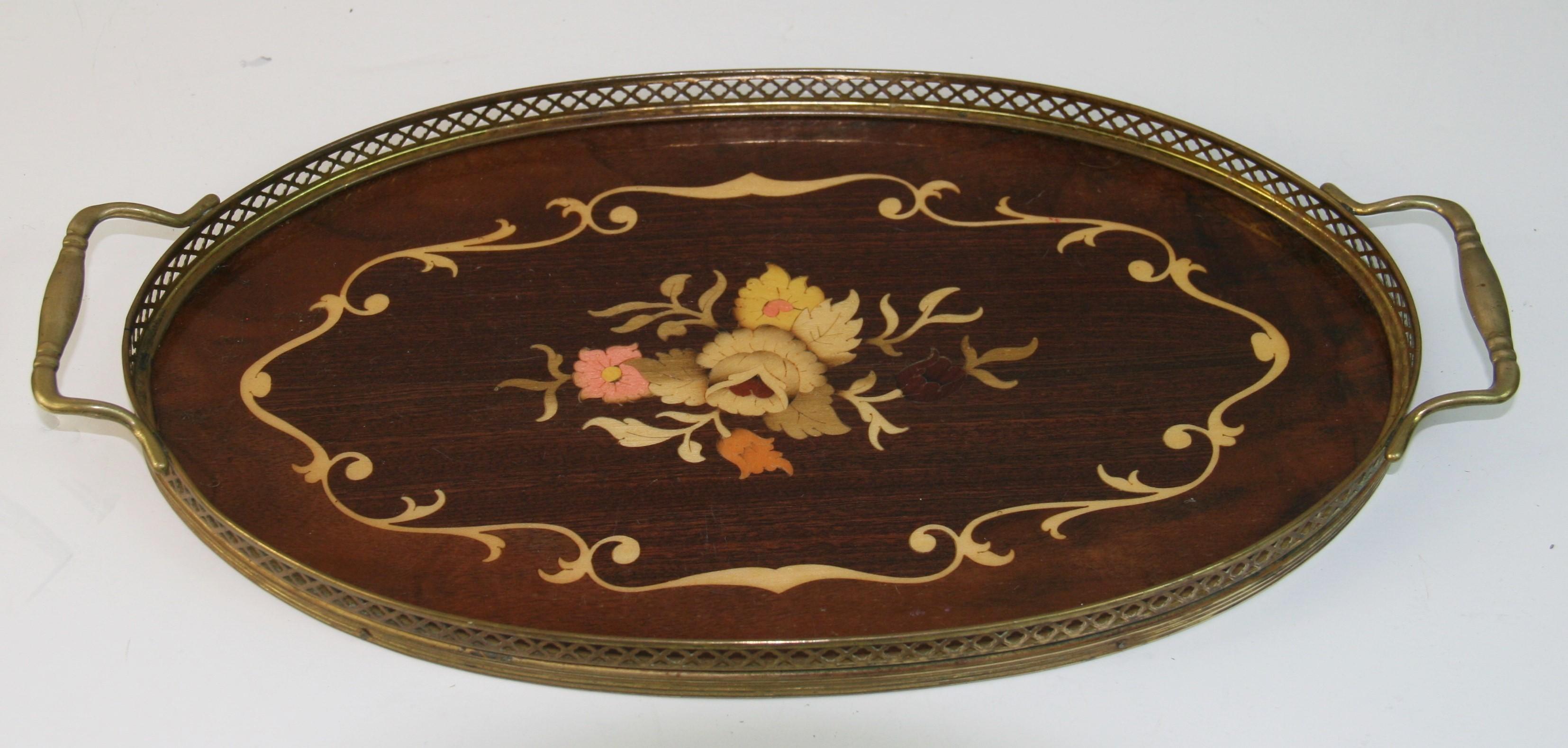 Vintage Italian Serving Tray Inlaid Wood Brass Rim and Handles, 1960's For Sale 2