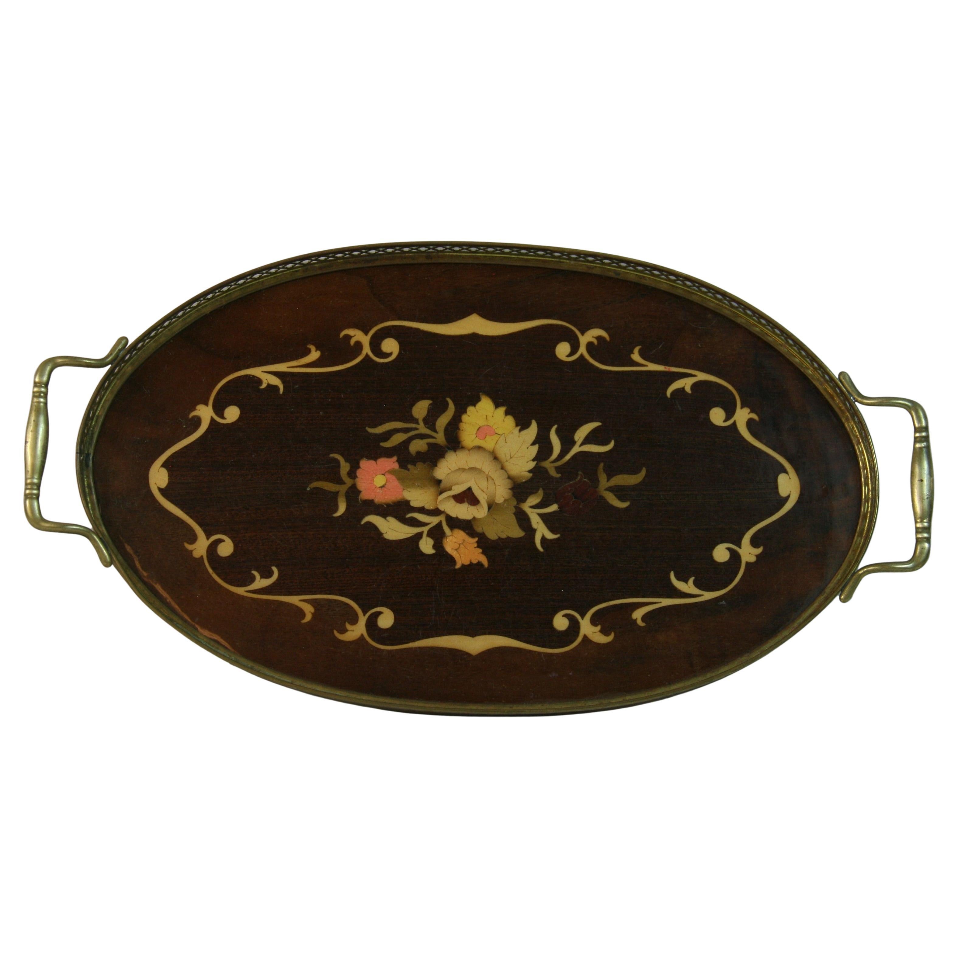 Vintage Italian Serving Tray Inlaid Wood Brass Rim and Handles, 1960's