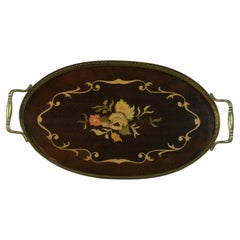 Vintage Italian Serving Tray Inlaid Wood Brass Rim and Handles, 1960's