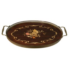 Vintage Italian Serving Tray Inlaid Wood Brass Rim and Handles, 1960's