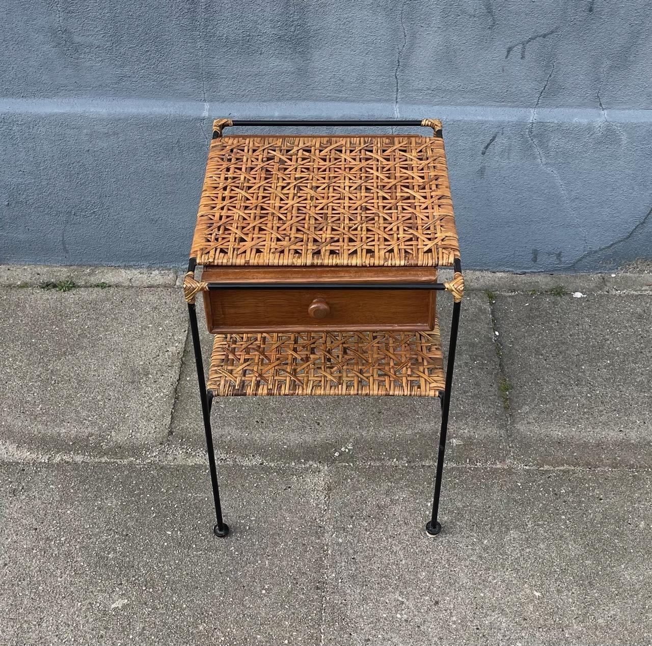 Vintage Italian Shaker or Side Table in Steel, Rattan and Rattan 4