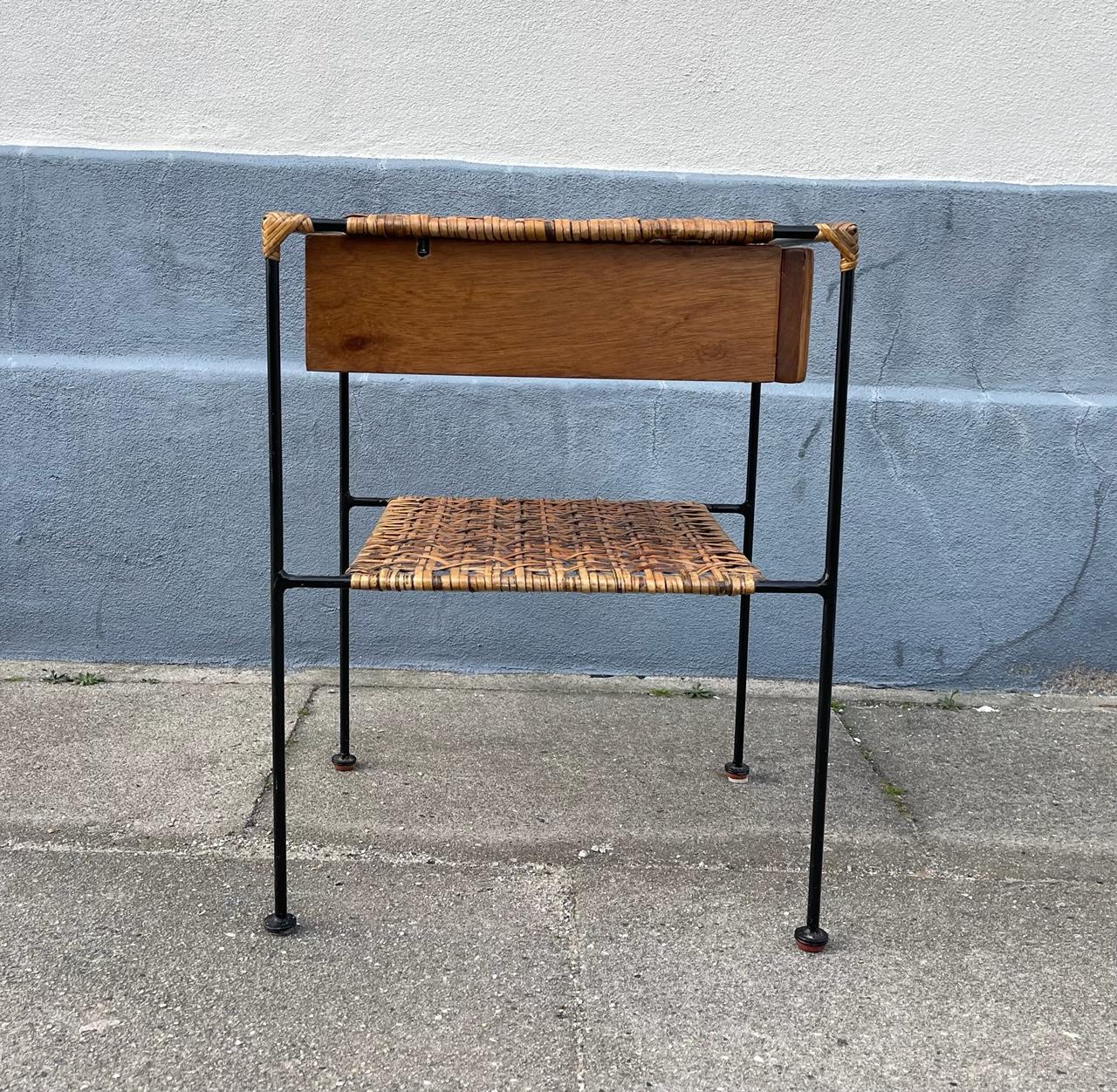 Danish Vintage Italian Shaker or Side Table in Steel, Rattan and Rattan