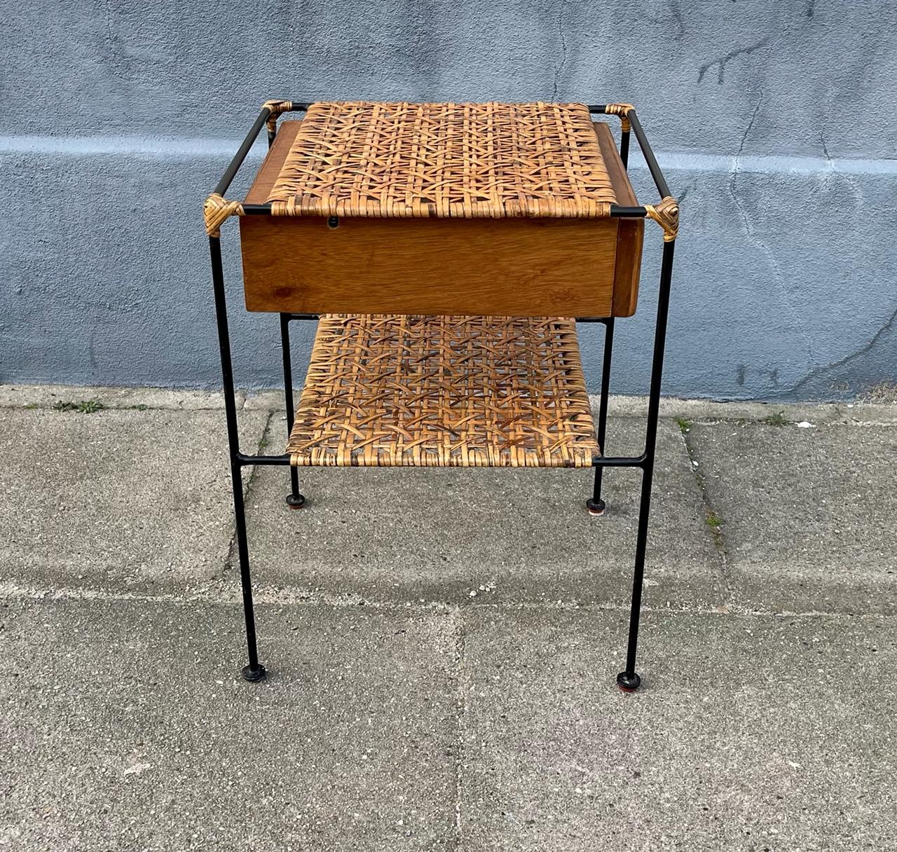 Mid-20th Century Vintage Italian Shaker or Side Table in Steel, Rattan and Rattan
